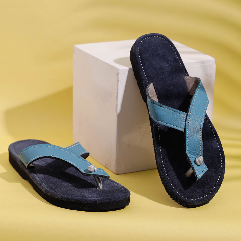 AASAI HANDICRAFT FOOTWEAR AUROVILLE Blue & Grey Handcrafted Women's Leather Slippers with Suede