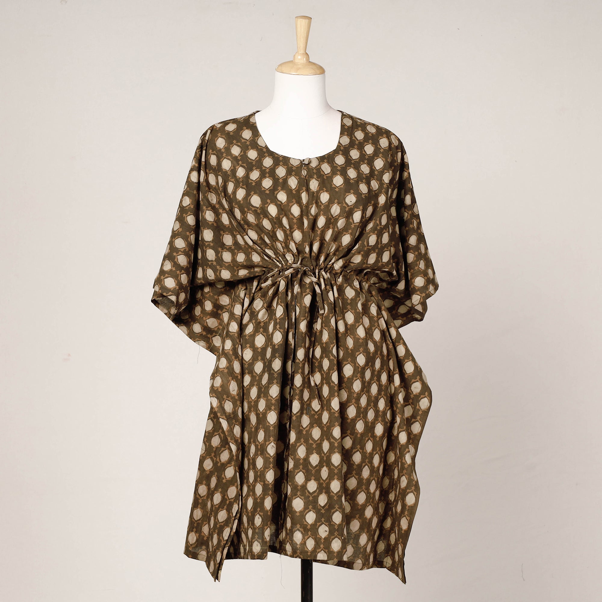 ITOKRI CASUALS Brown - Akola Block Printed Cotton Kaftan with Tie-Up Waist (Medium)