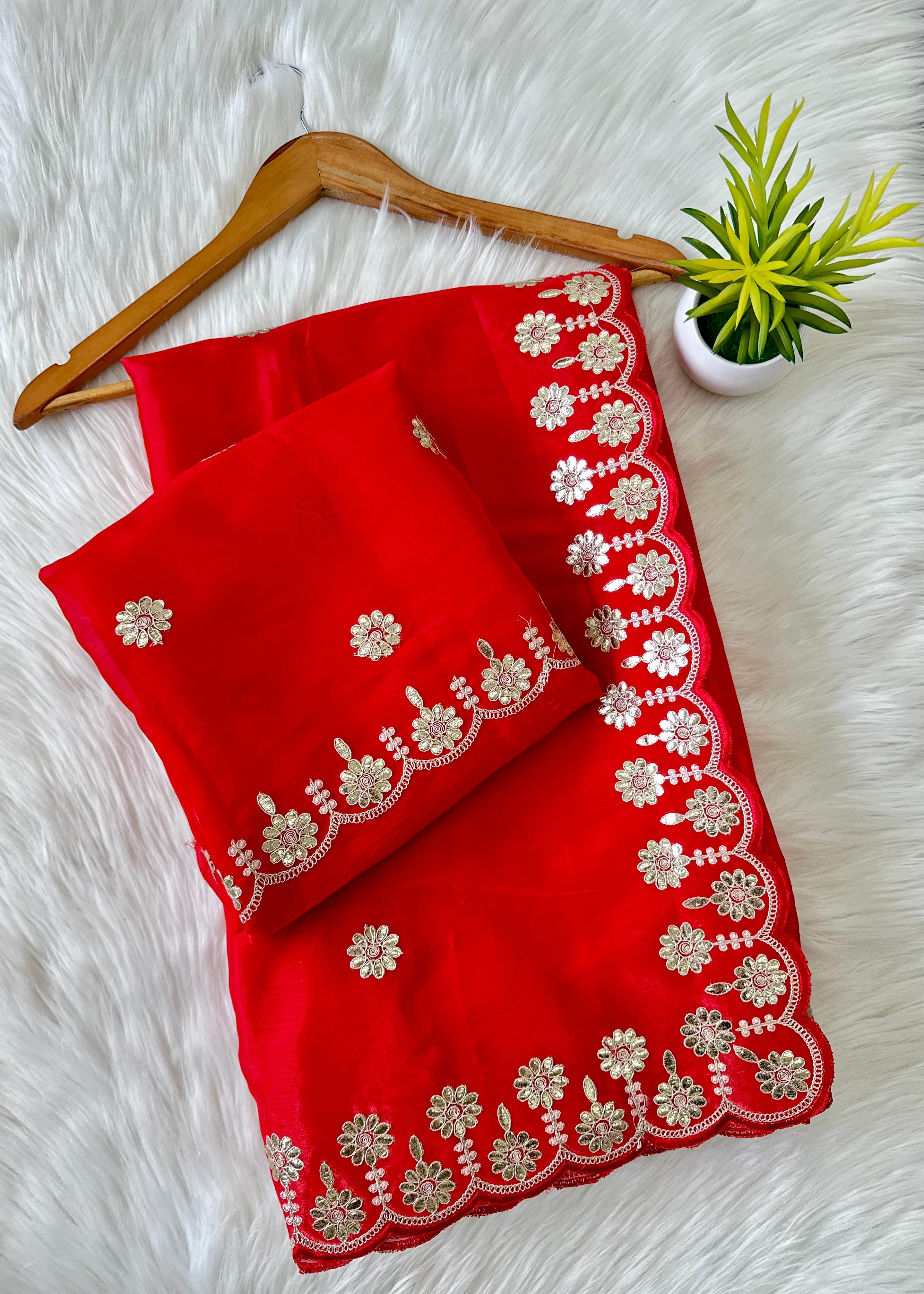 ClothsVilla Red Jimmy Choo Saree with Beautiful Jaipuri Gota Work – Complete with Matching Running Blouse