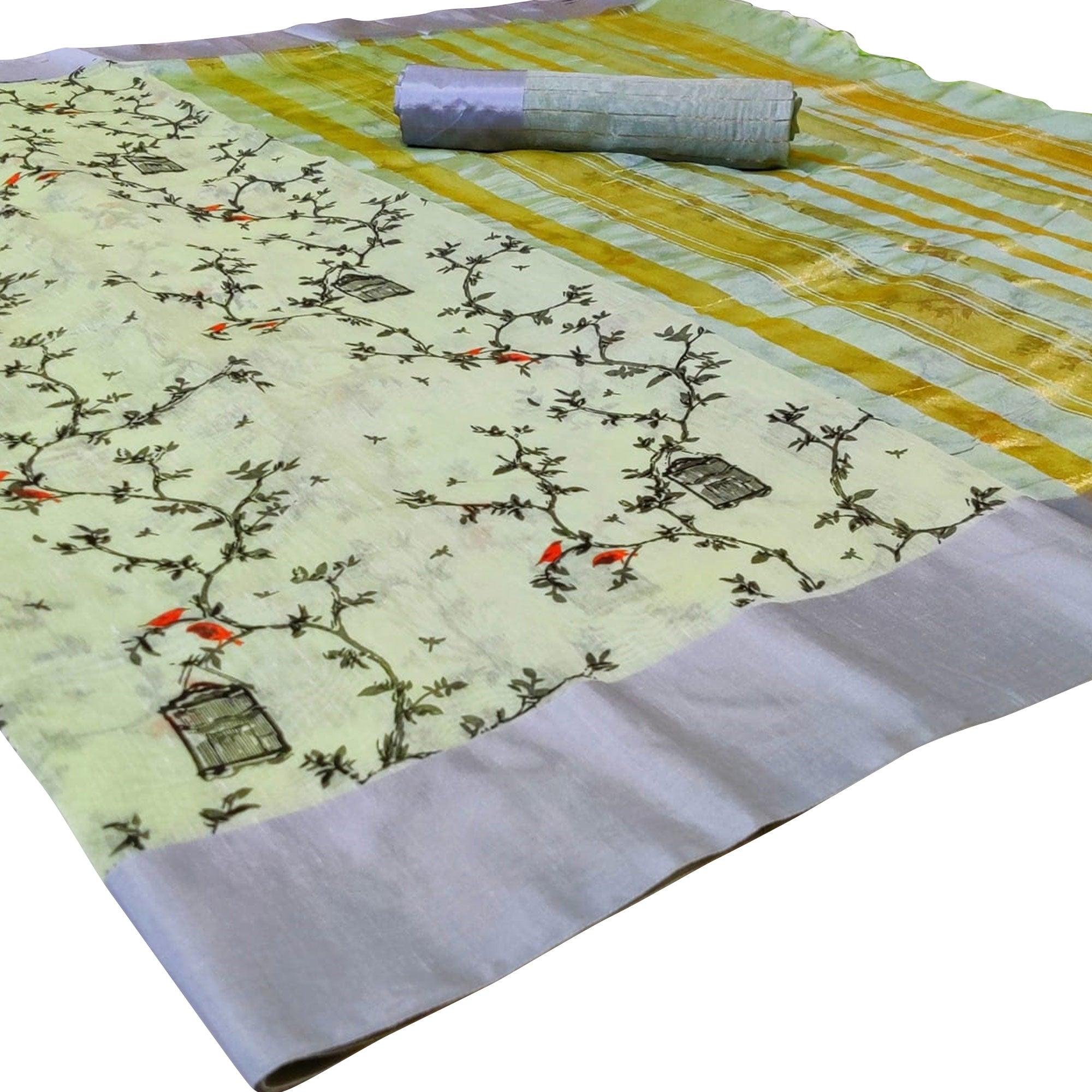 Peachmode Energetic Light Green Colored Casual Printed-Woven Linen Saree With Tassels