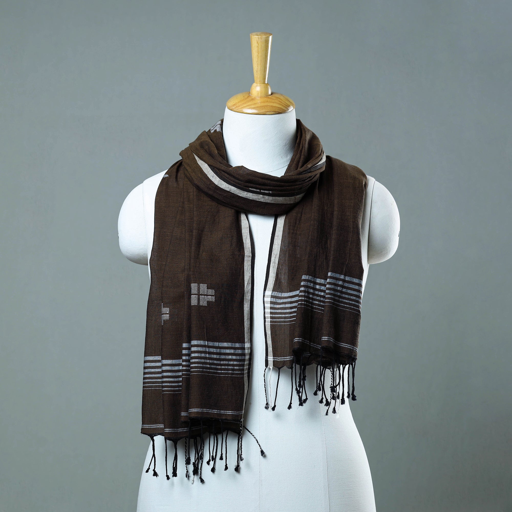 KHUSHBASH - HAPPY LOOM OF EAST Brown - Burdwan Jamdani Cotton Handloom Stole with Tassels 02