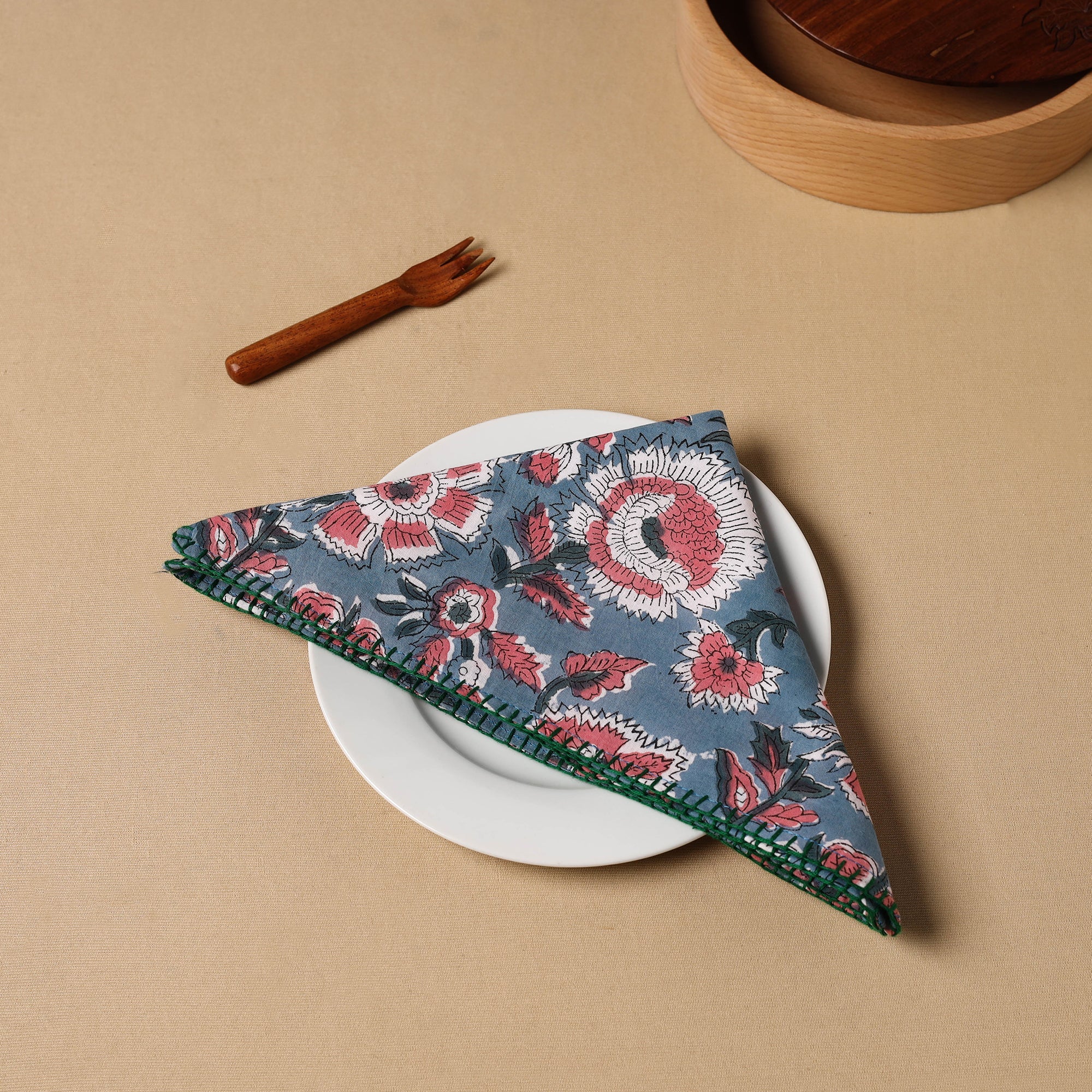 NOORI BAZAR Blue - Floral Block Print Cotton Hand Embroidery Table Napkin 05