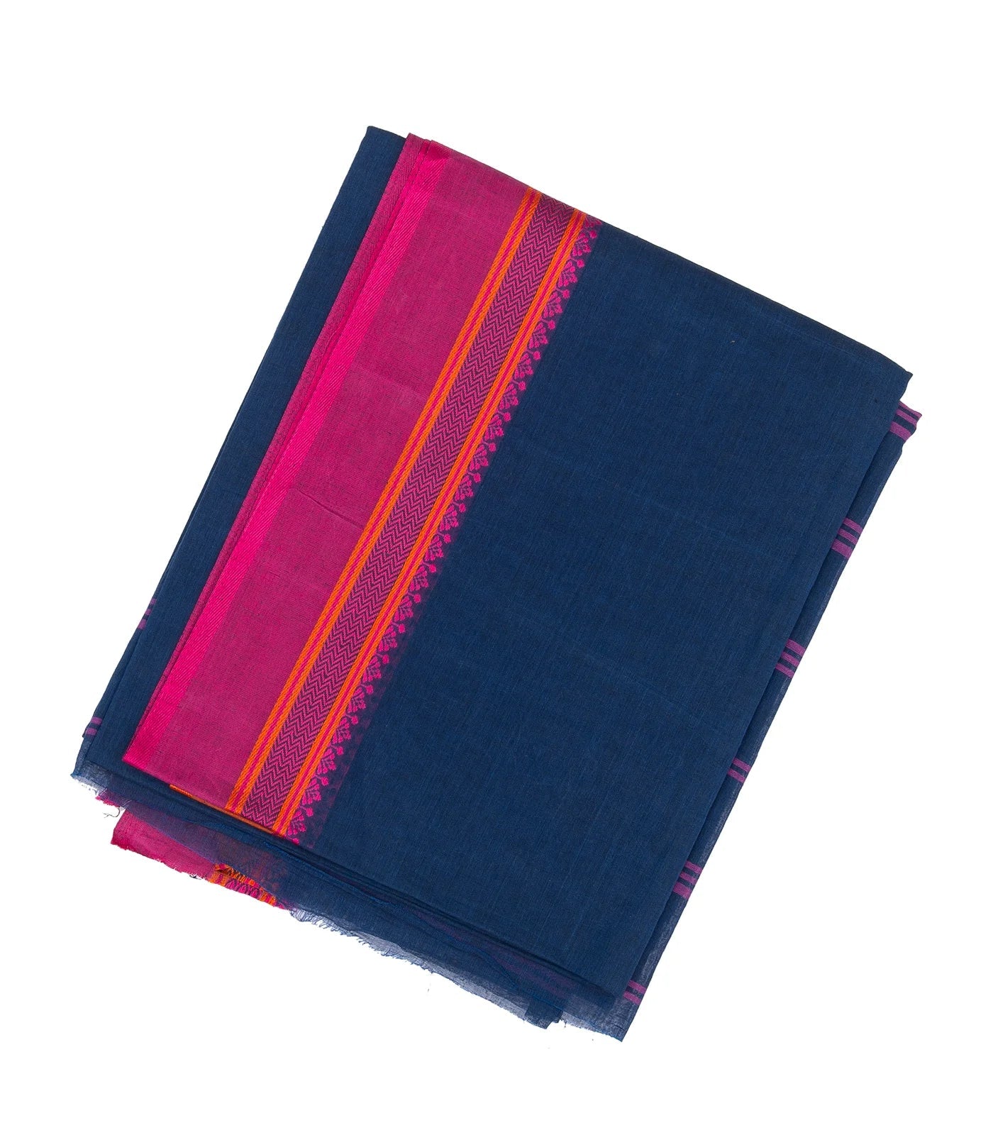 RmKV Navy Blue Bengal Cotton Saree With Pink & Orange Border