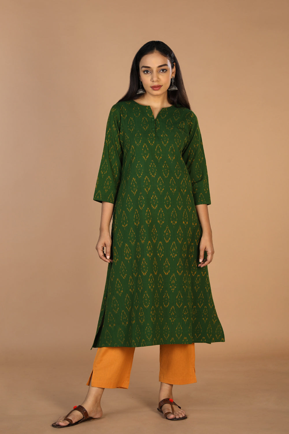 Kalanjali Ethnics Cotton Ikat kurti – Women's, FOREST GREEN
