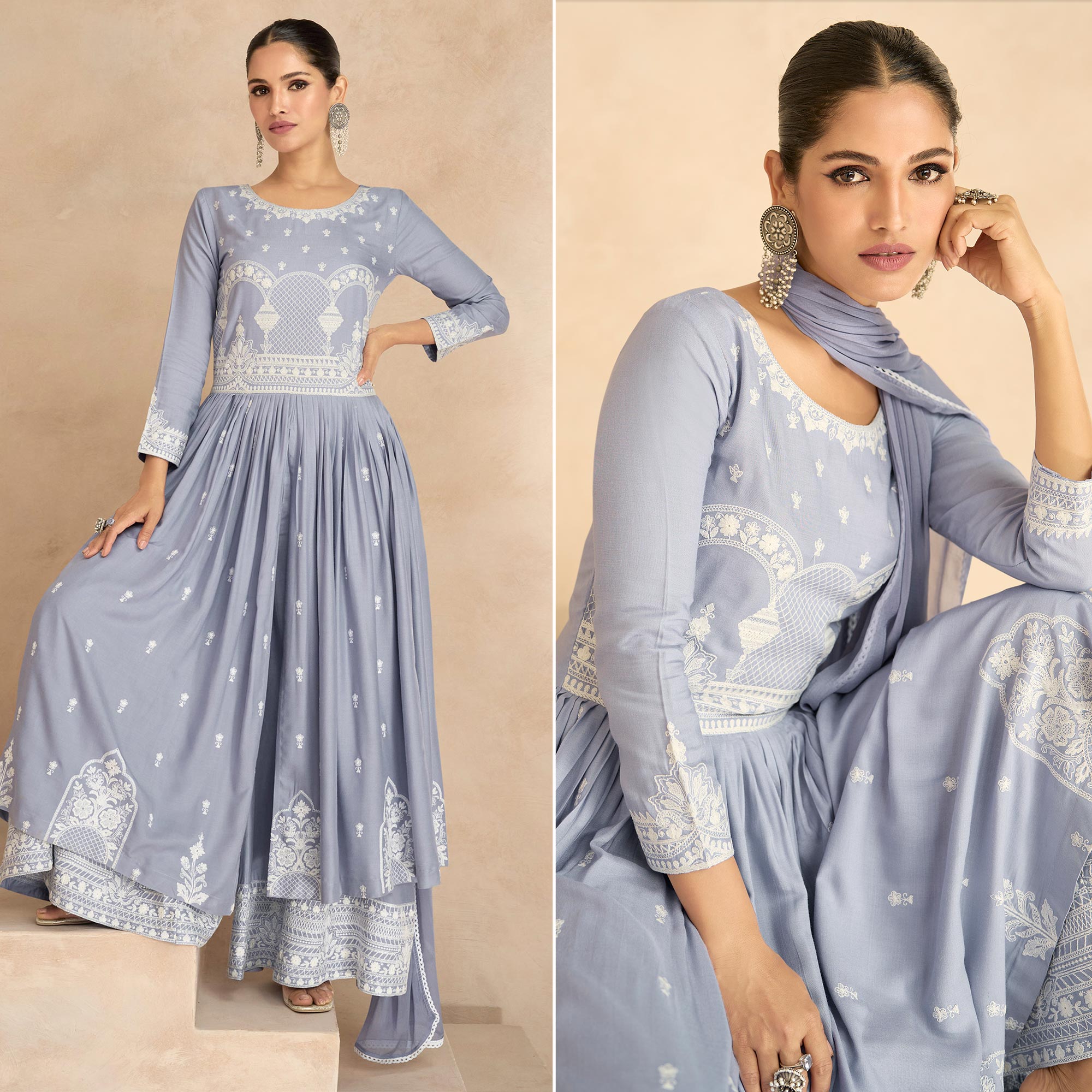Peachmode Light Purple Floral Embroidered Rayon Palazzo Suit