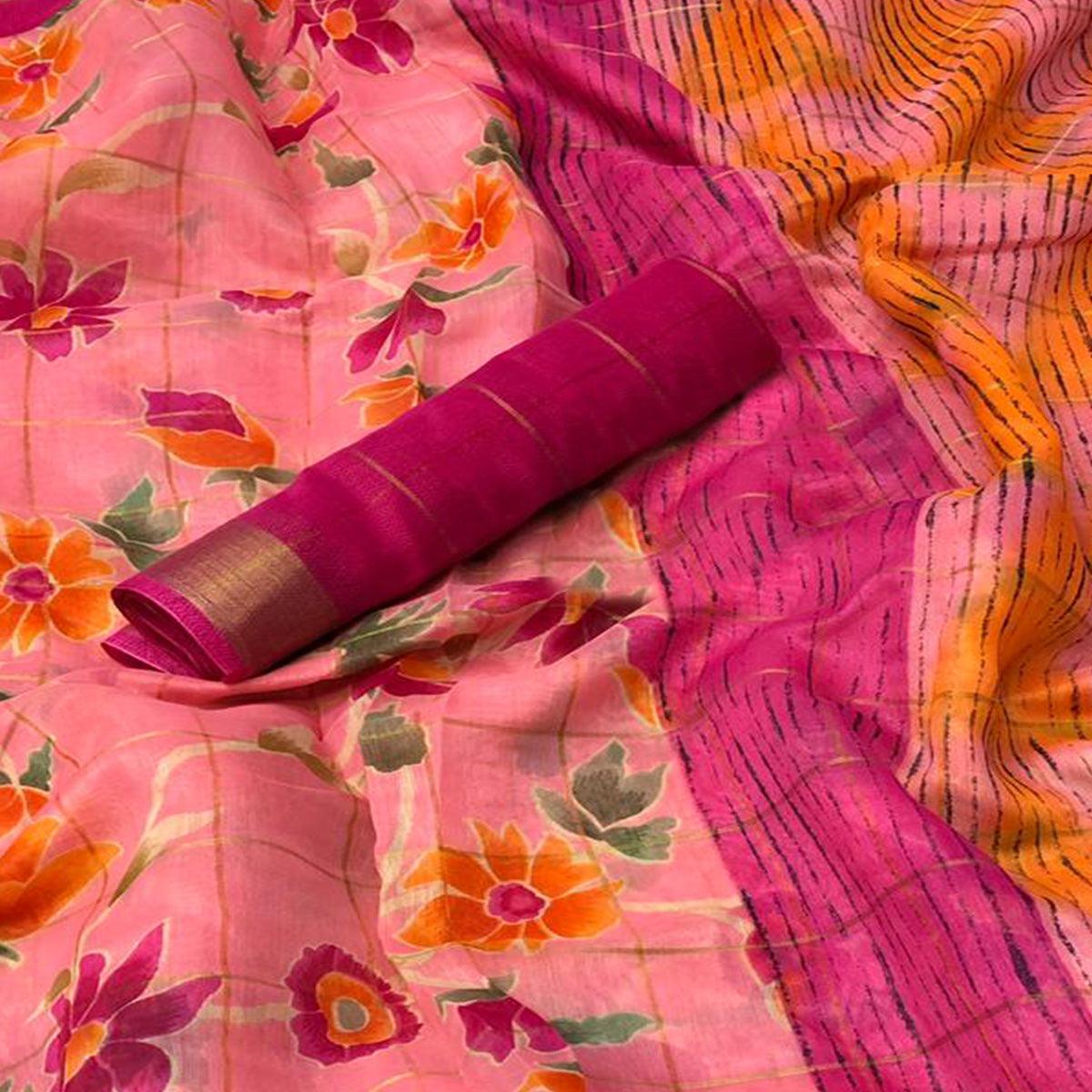 Peachmode Lovely Pink Colored Casual Floral Printed Cotton Saree - view 2