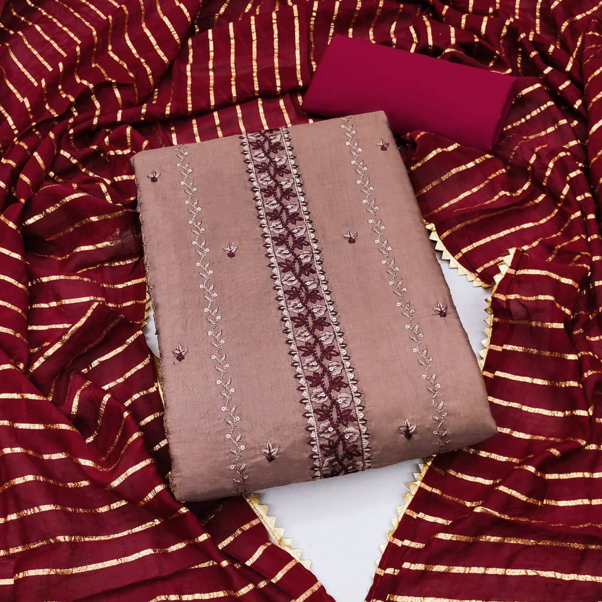 Peachmode Brown Embroidered Sequins Cotton Blend Dress Material