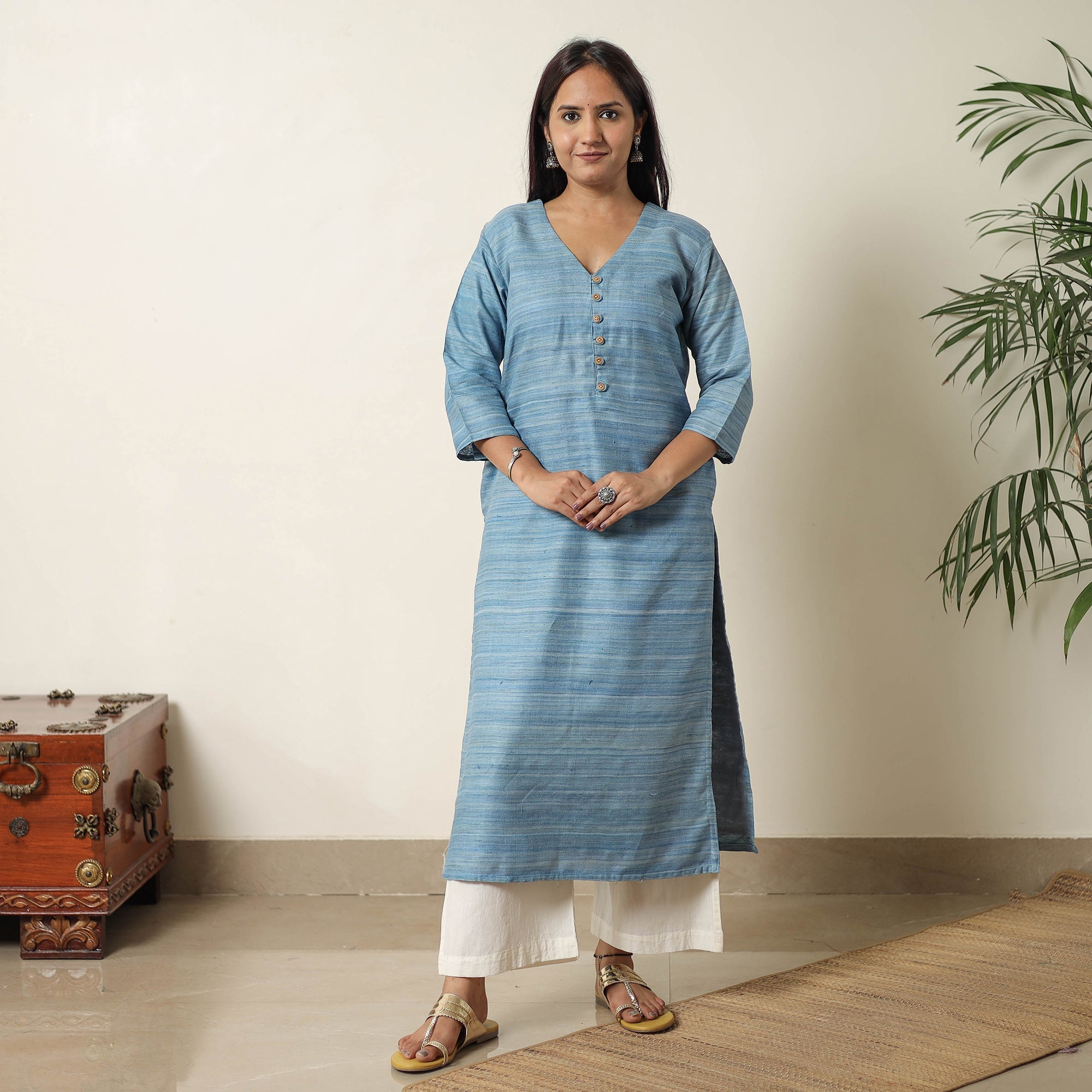 ITOKRI CASUALS Blue - Bhagalpuri Handwoven Desi Tussar Silk Straight Kurta 03 - view 2