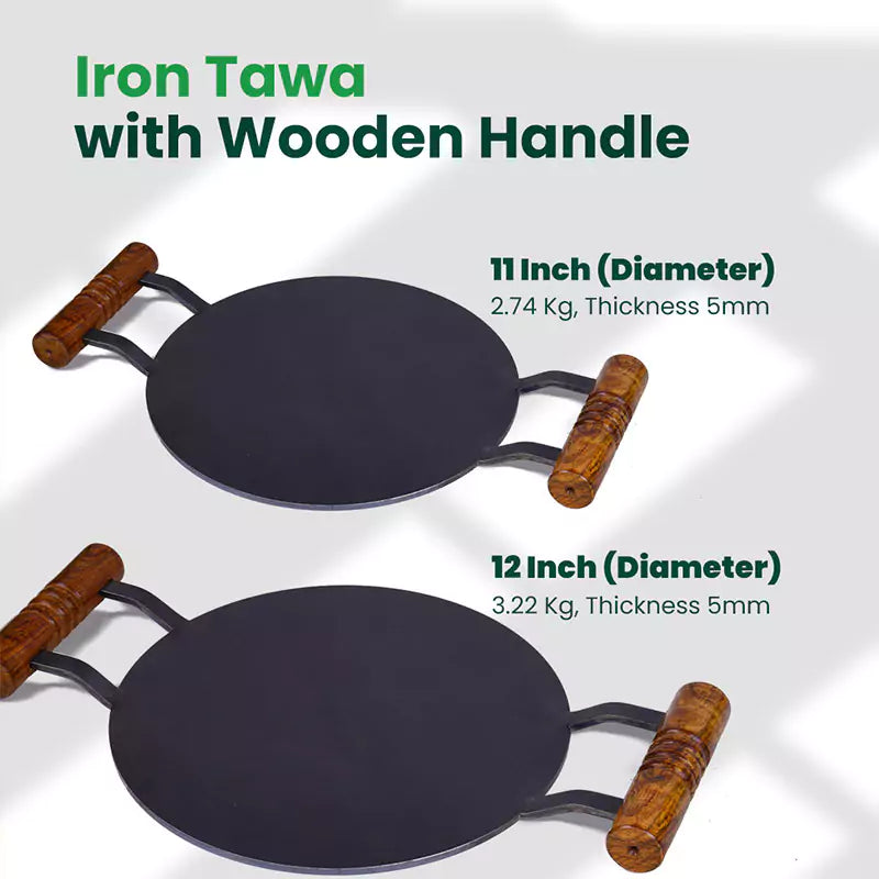 The Indus Valley 100% Pure Round Iron Tawa With Wooden Handle, Toxin-free Sheet Iron, Pre-Seasoned, Induction & Gas, 11/12 In, 2.74/3.22 Kg - view 2