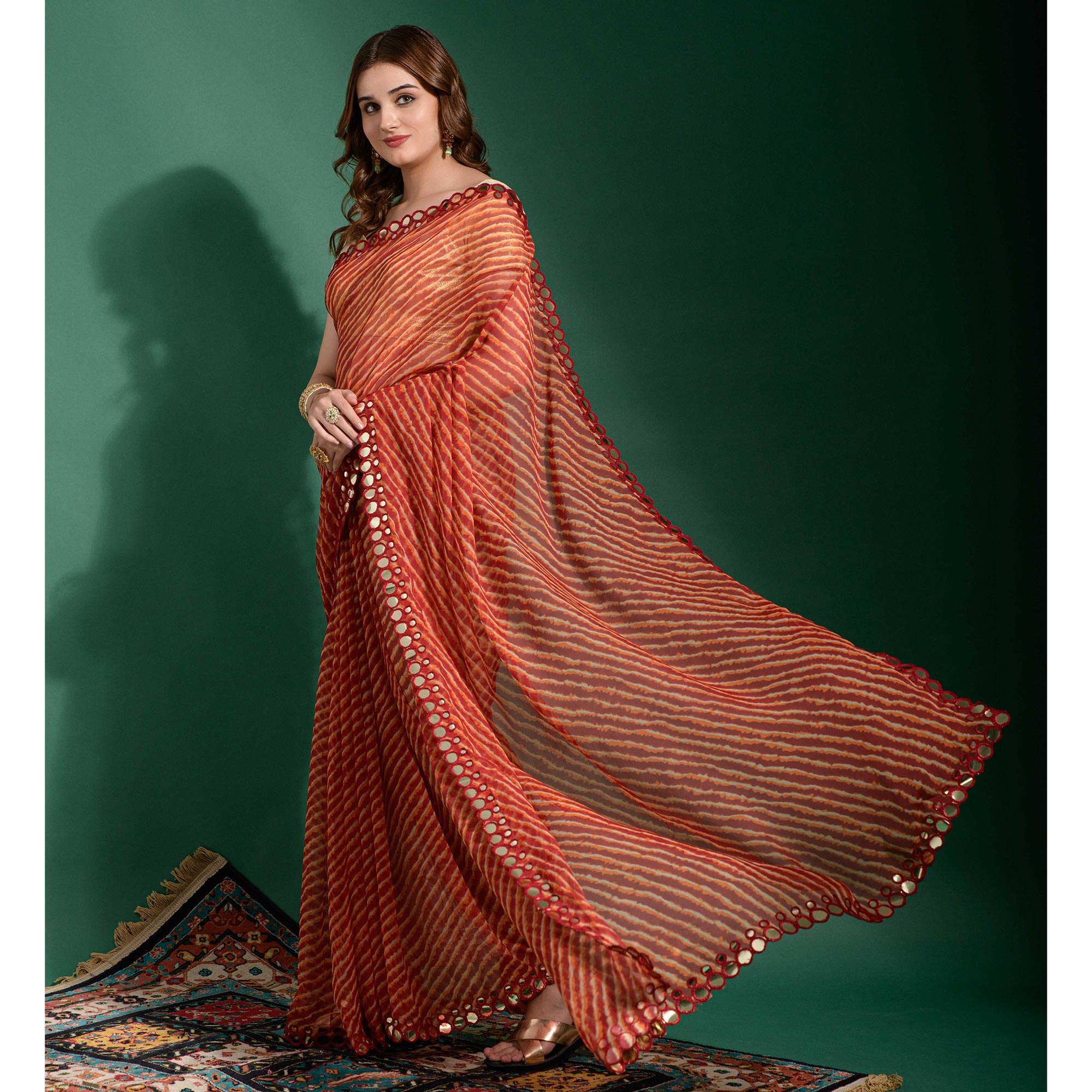 Peachmode Maroon Leheriya Printed With Embroidered Border Chiffon Saree - view 4