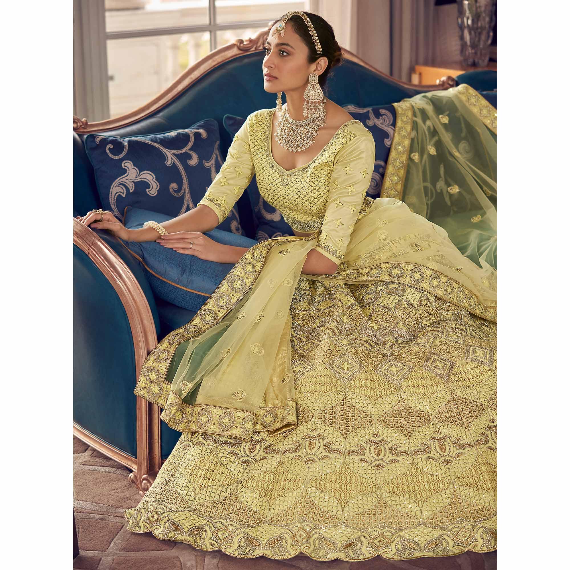 Peachmode Lemon Yellow Partywear Embroidered Organza Lehenga Choli - view 4
