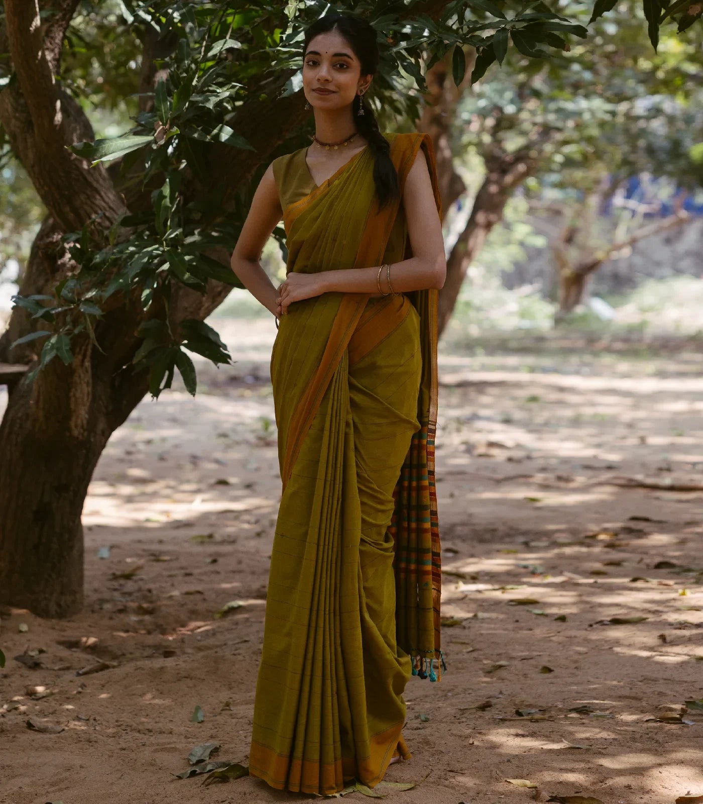 RmKV Olive Green Handloom Bengal Cotton Saree With ( Dora ) Stripes in Green, Brown and Red