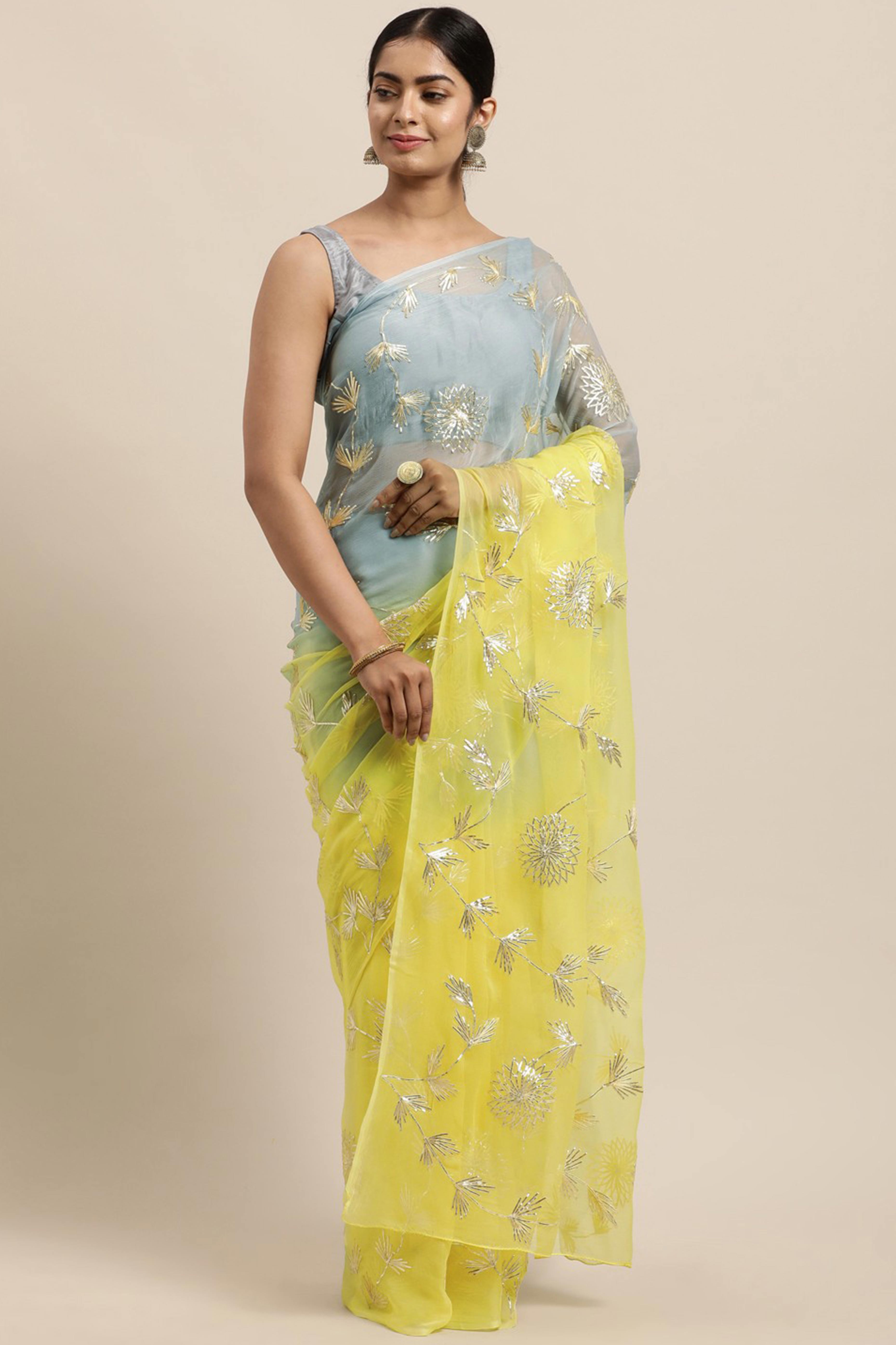 Half half saree – Peachmode Lemon Yellow & Grey Floral Gota Patti Work Organza Silk Half & Half Saree