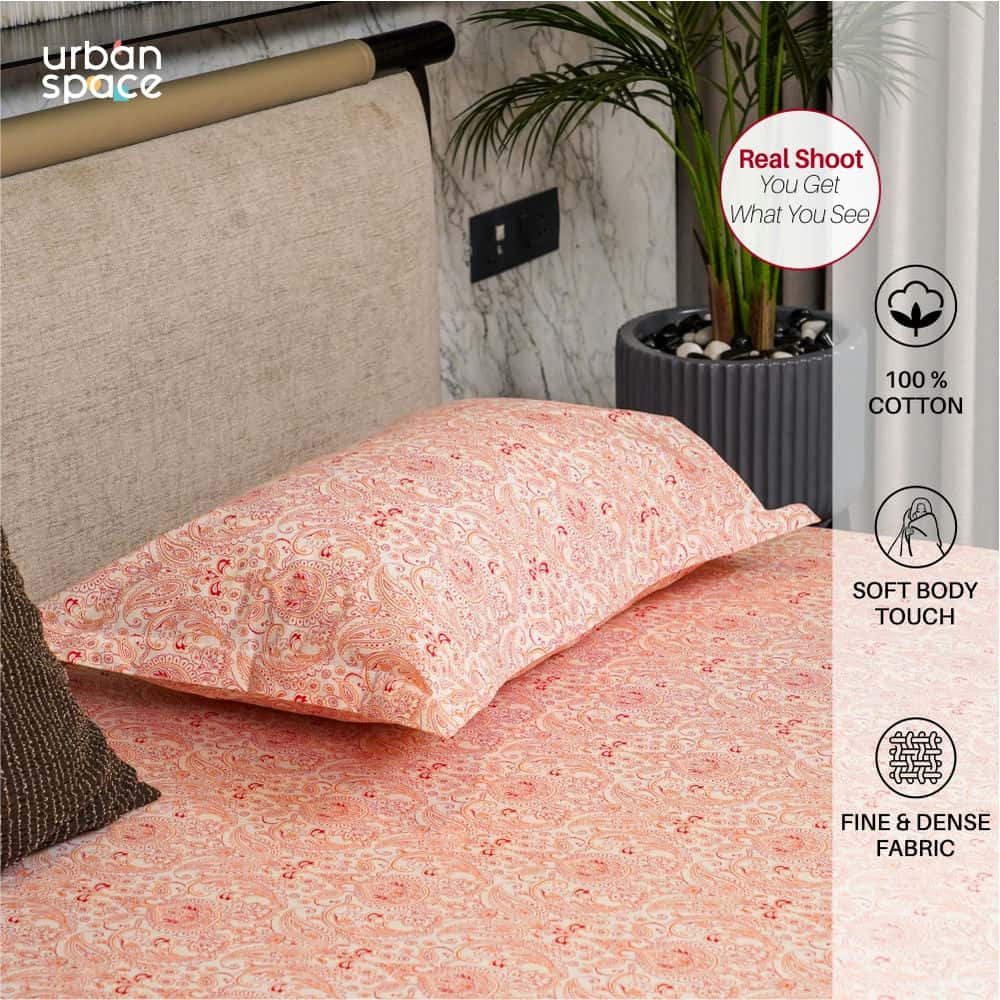 Urban Space -Home Furnishing Store Regal Collection - Breathable 200 TC 100% Pure Cotton Bedsheet with Pillow Cover, Paisley- Peach - view 2