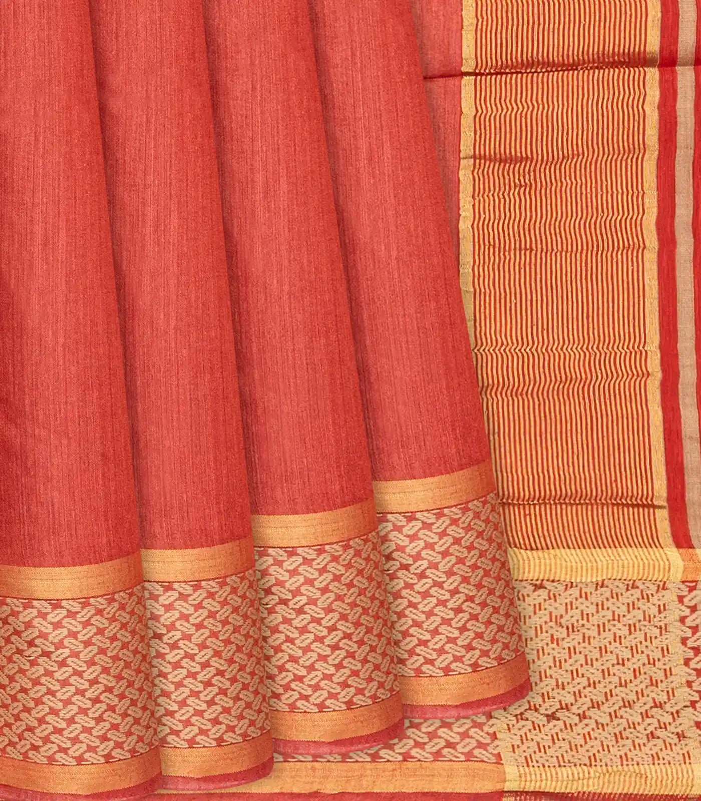 RmKV Orange Handwoven Tussar Silk Saree With Striped Pallu-Orange