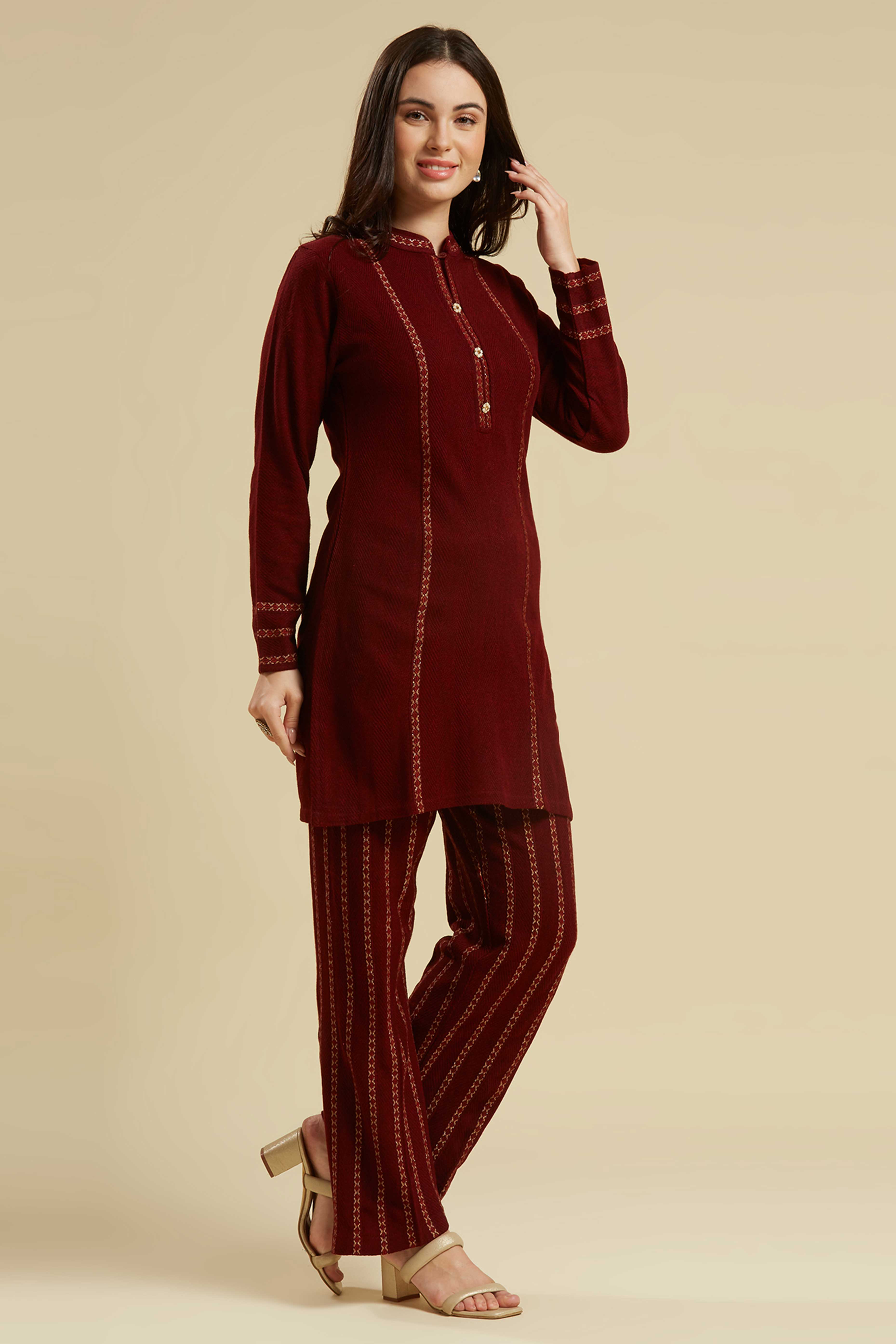 Peachmode Maroon Woven Woolen Straight Top Bottom Set - view 4