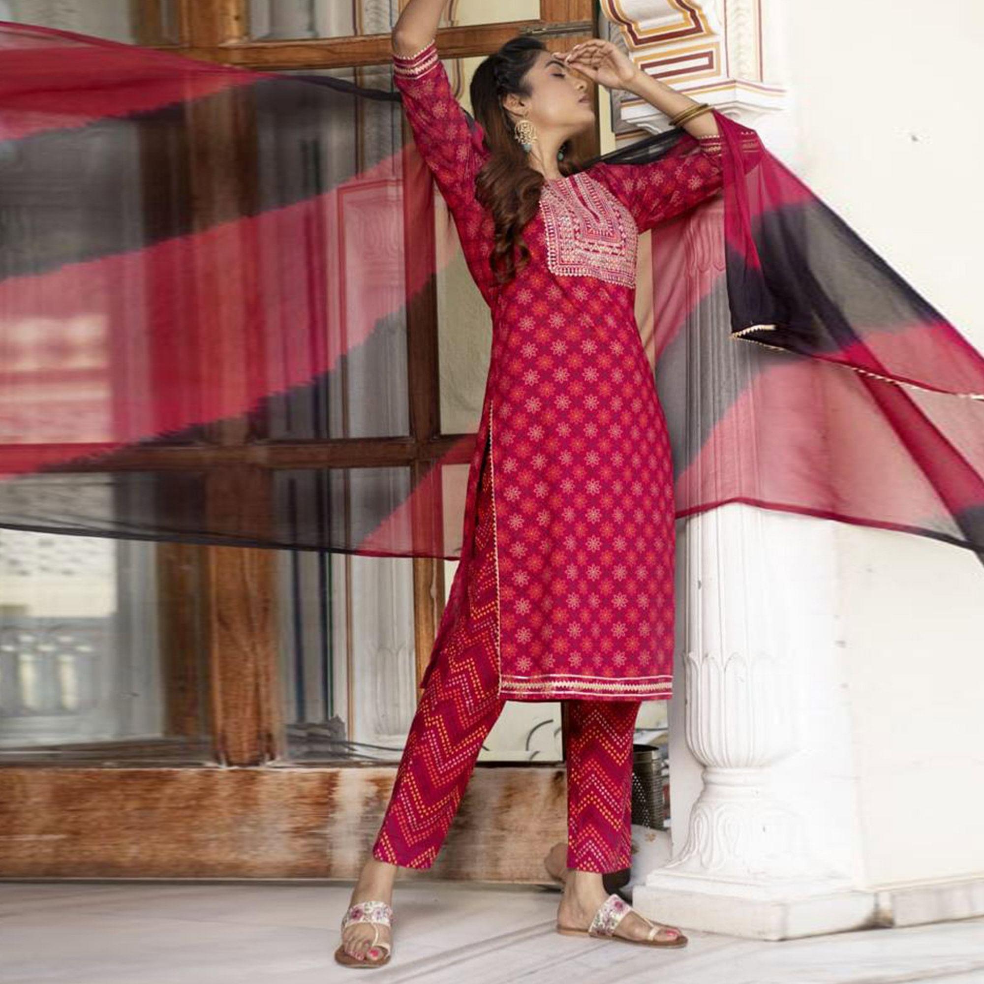 Peachmode Dark Pink Partywear Printed With Sequins Embroidered Kurti Pant Set With Dupatta