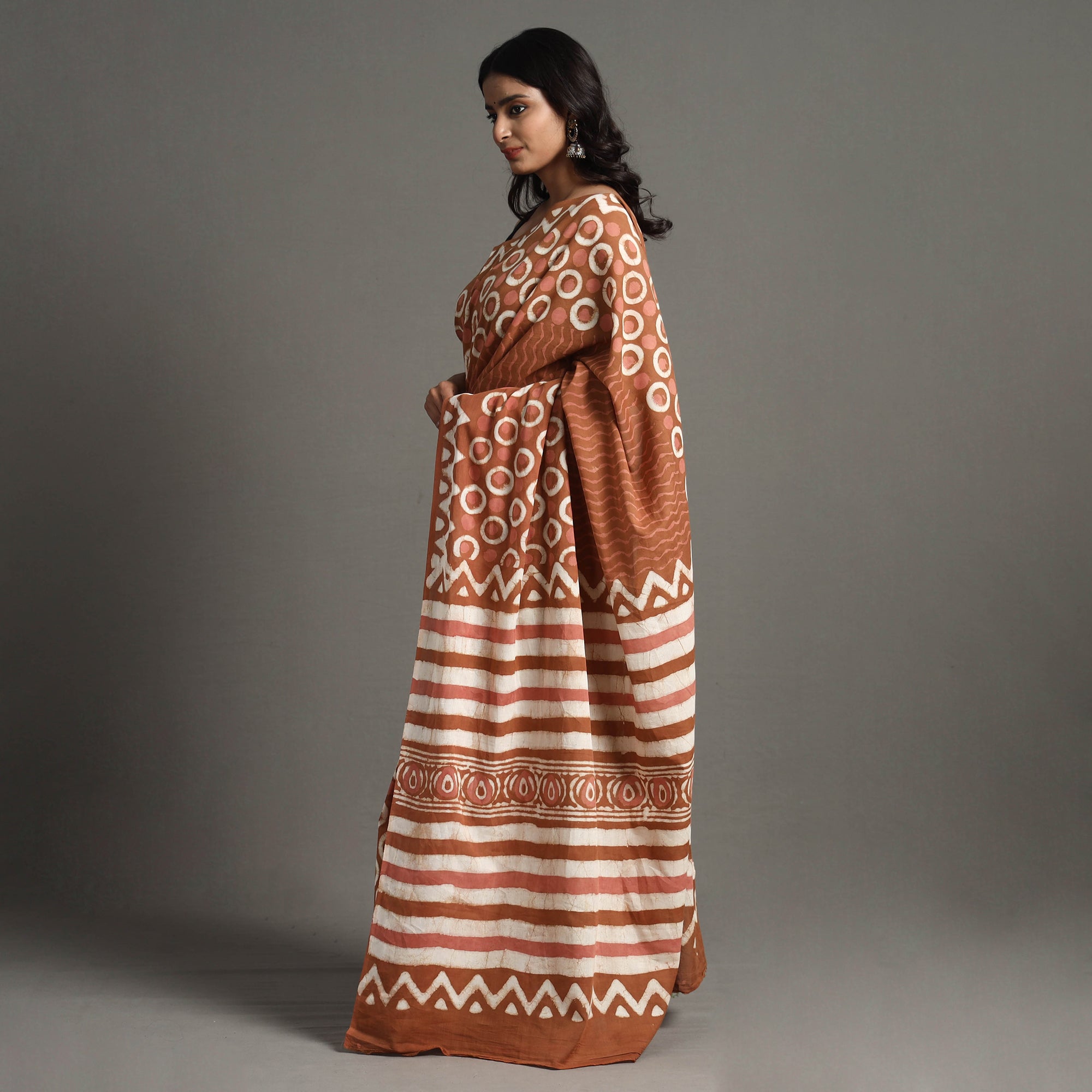 ARTISAN HAND BLOCK PRINTS Brown - Bagru Dabu Block Printed Mul Cotton Saree - view 3