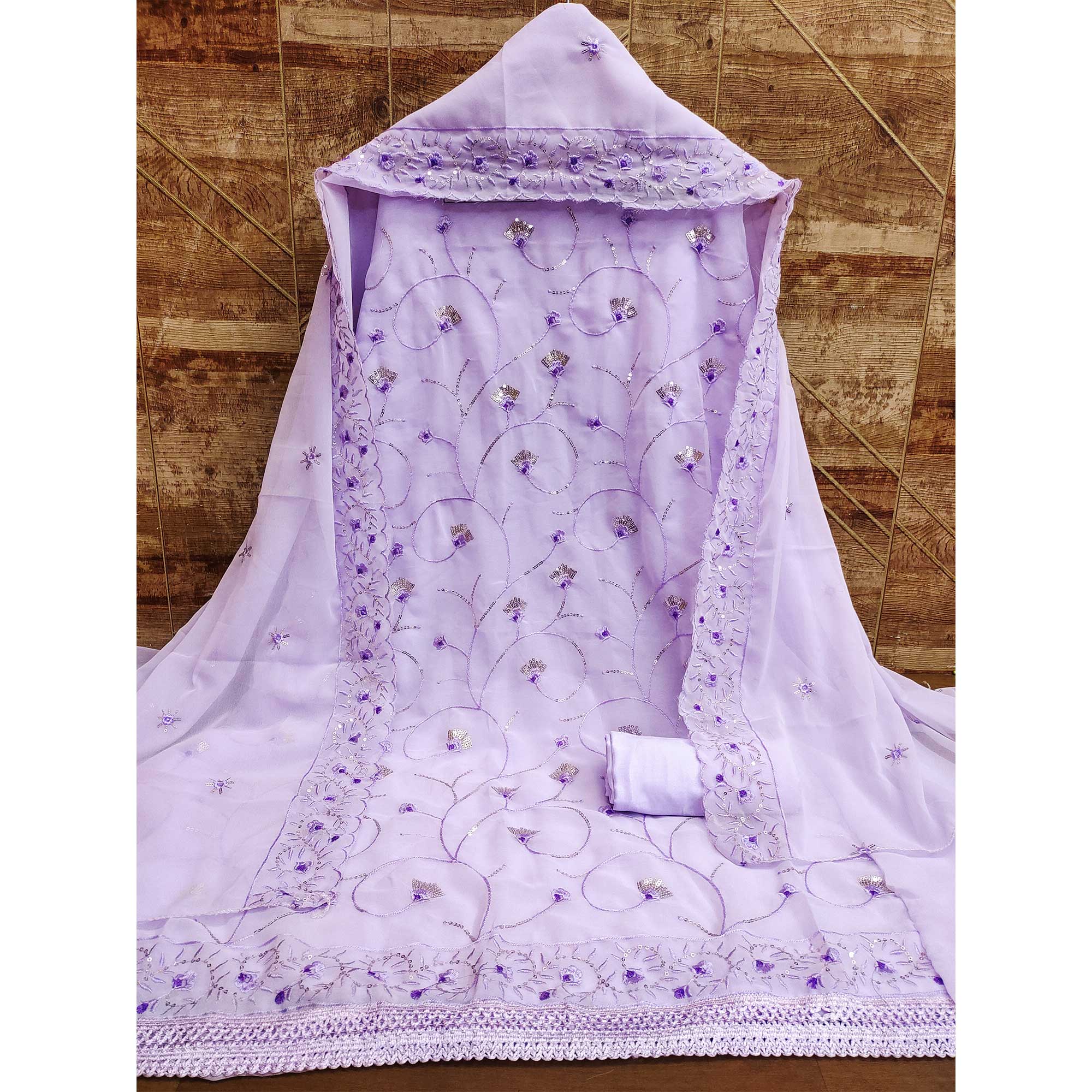 Peachmode Lavender Floral Sequins Embroidered Georgette Dress Material - view 4