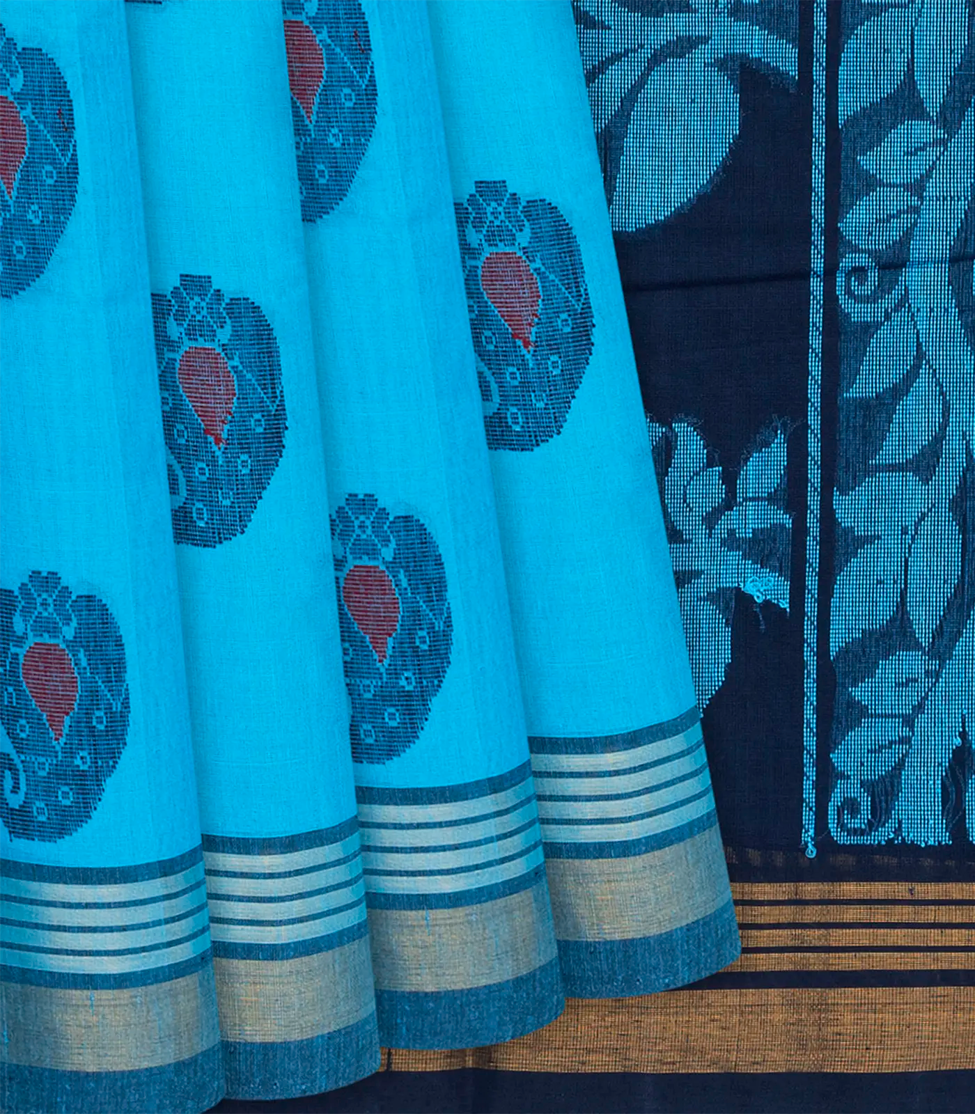 RmKV Turqoise Handwoven Rasipuram Cotton Saree With Mango Motifs-Turquoise
