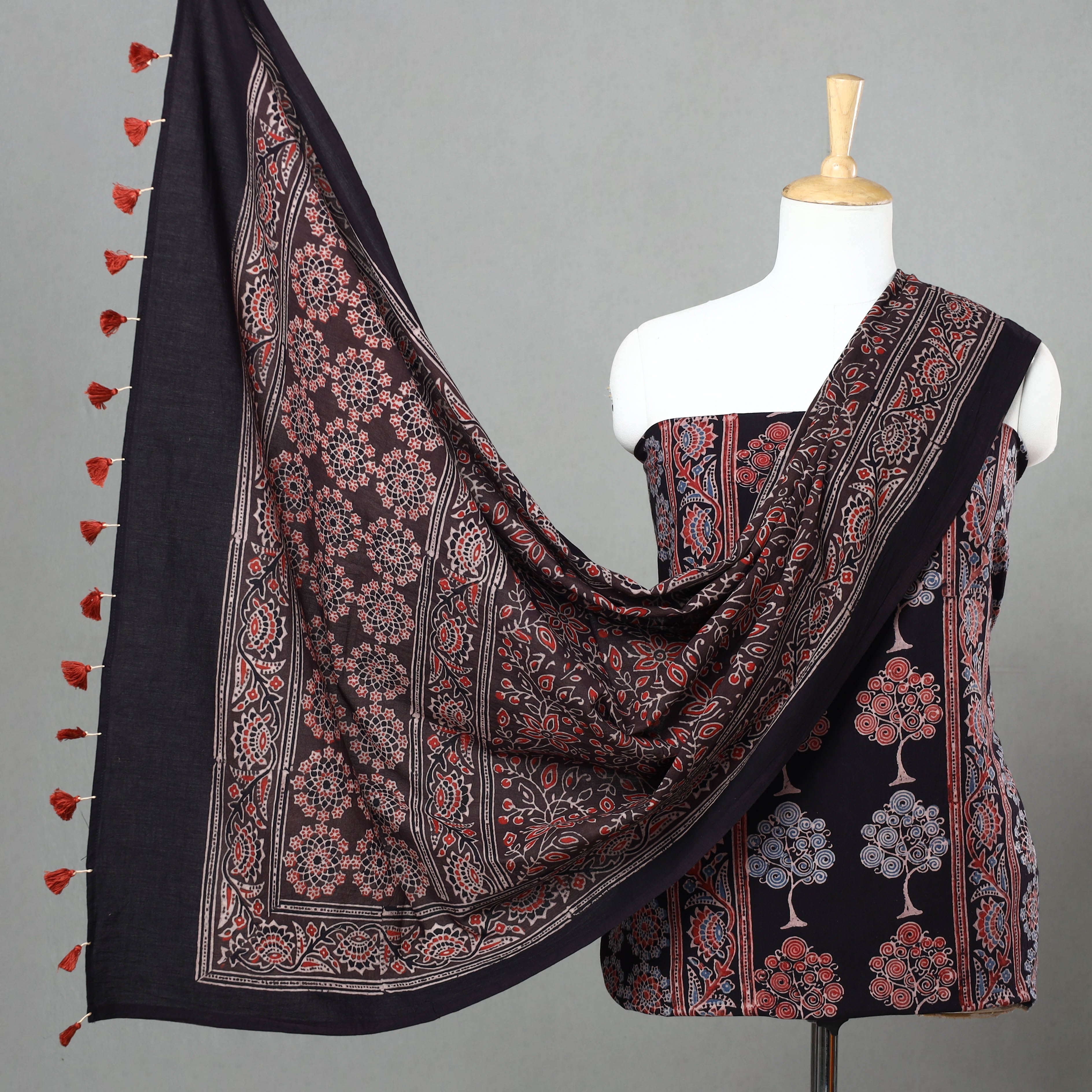 AJRAKH BY JABBAR KHATRI Black - 3pc Ajrakh Block Printed Natural Dyed Cotton Suit Material Set 01