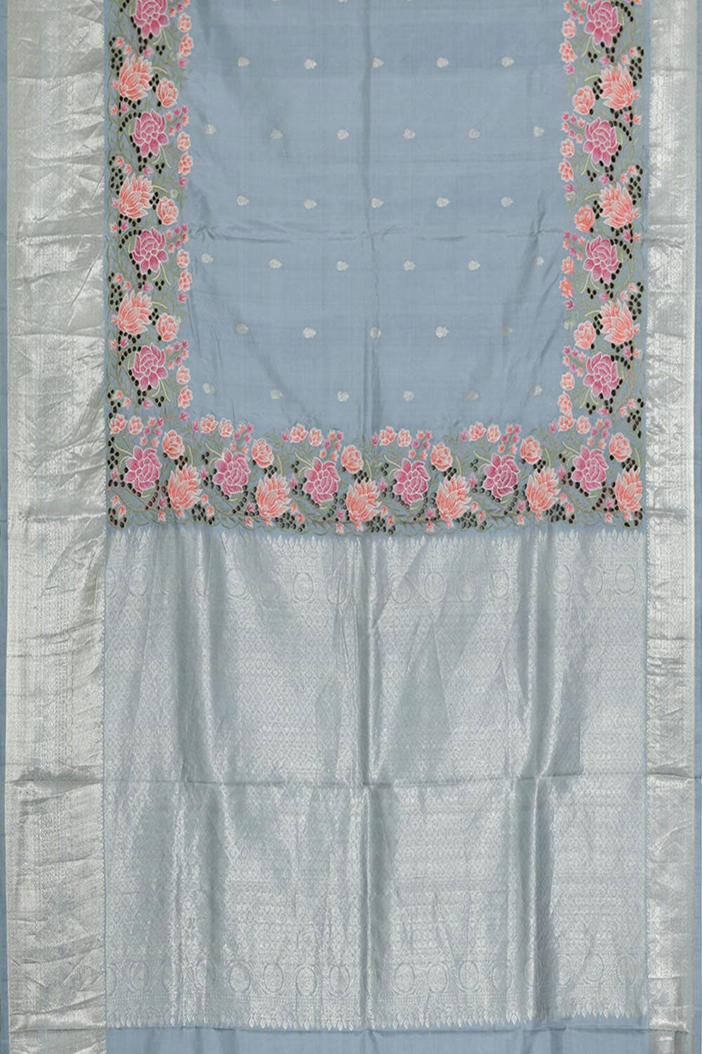 Kalanjali Kanchipattu Bluish Grey Embroidered Saree - view 3