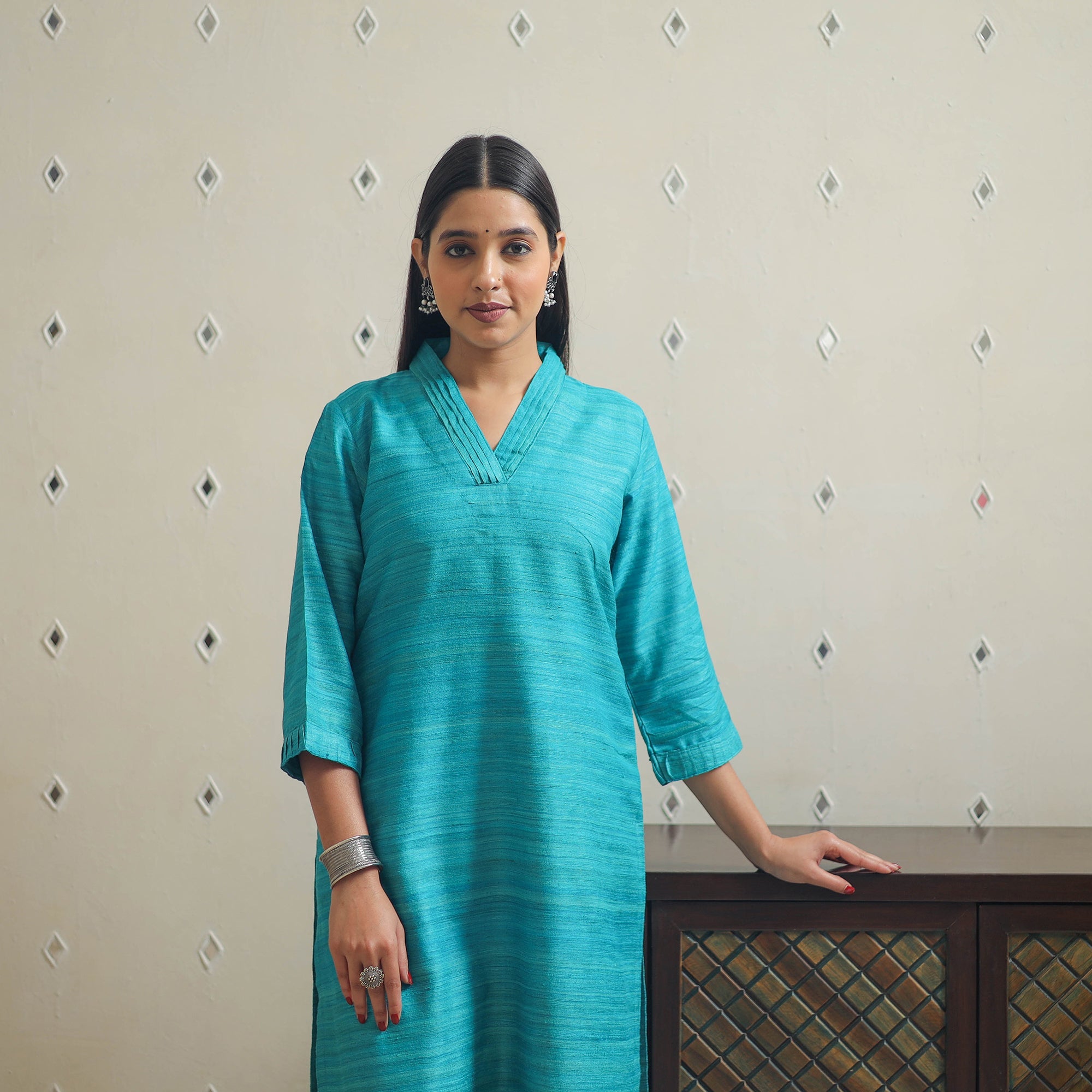 ITOKRI CASUALS Blue - Bhagalpuri Handwoven Desi Tussar Silk Plain Kurta 10