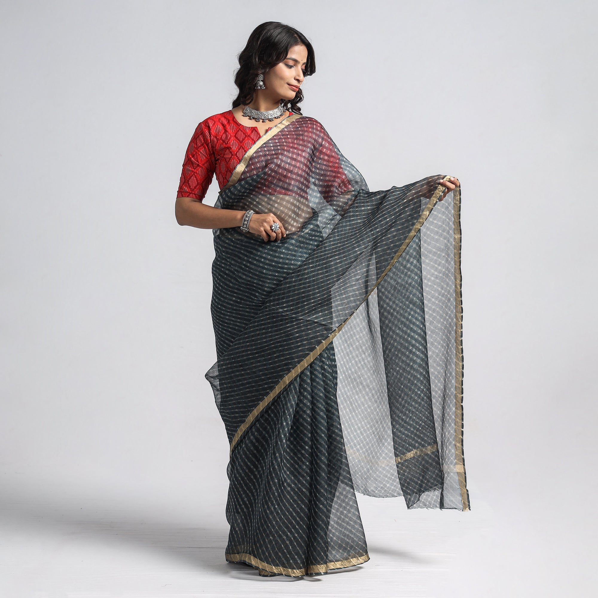 LEHARIYA BY BADSHAH MIYAN Black - Leheriya Tie-Dye Kota Doria Silk Saree - view 2