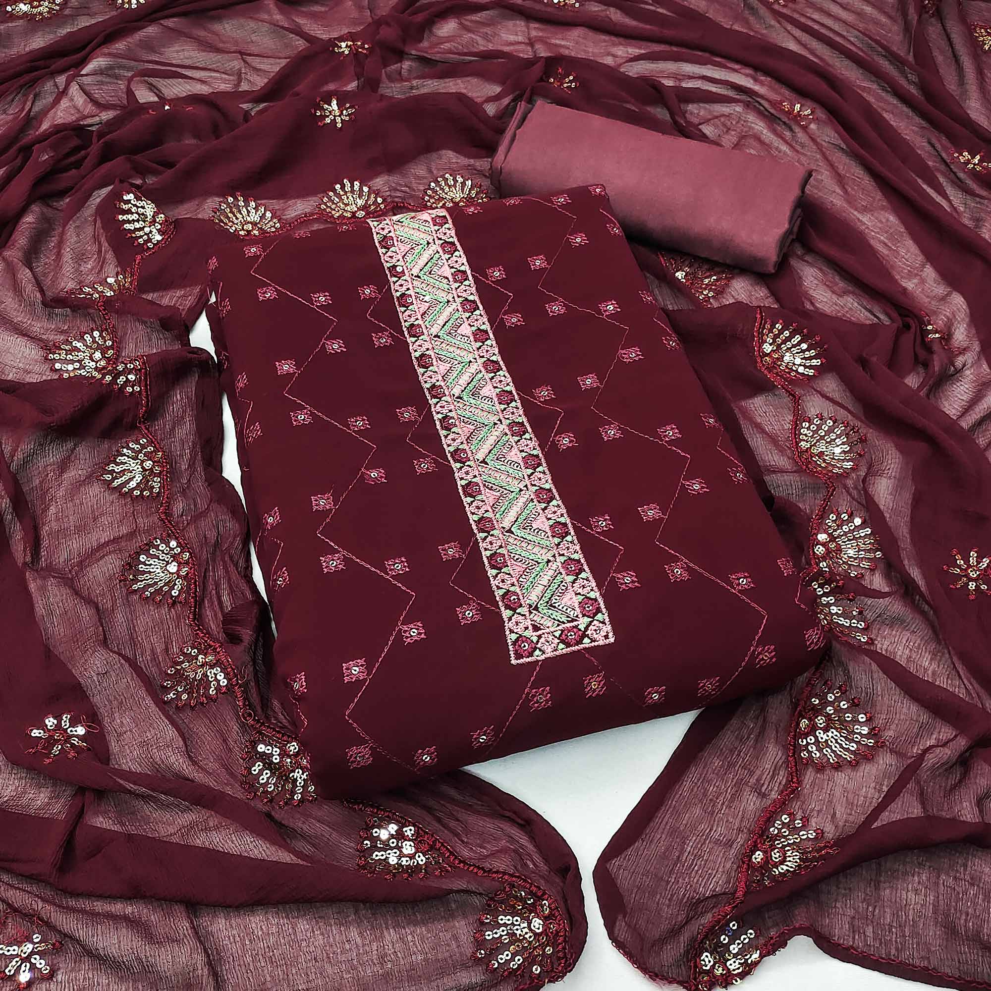 Peachmode Maroon Sequins Embroidered Georgette Dress Material