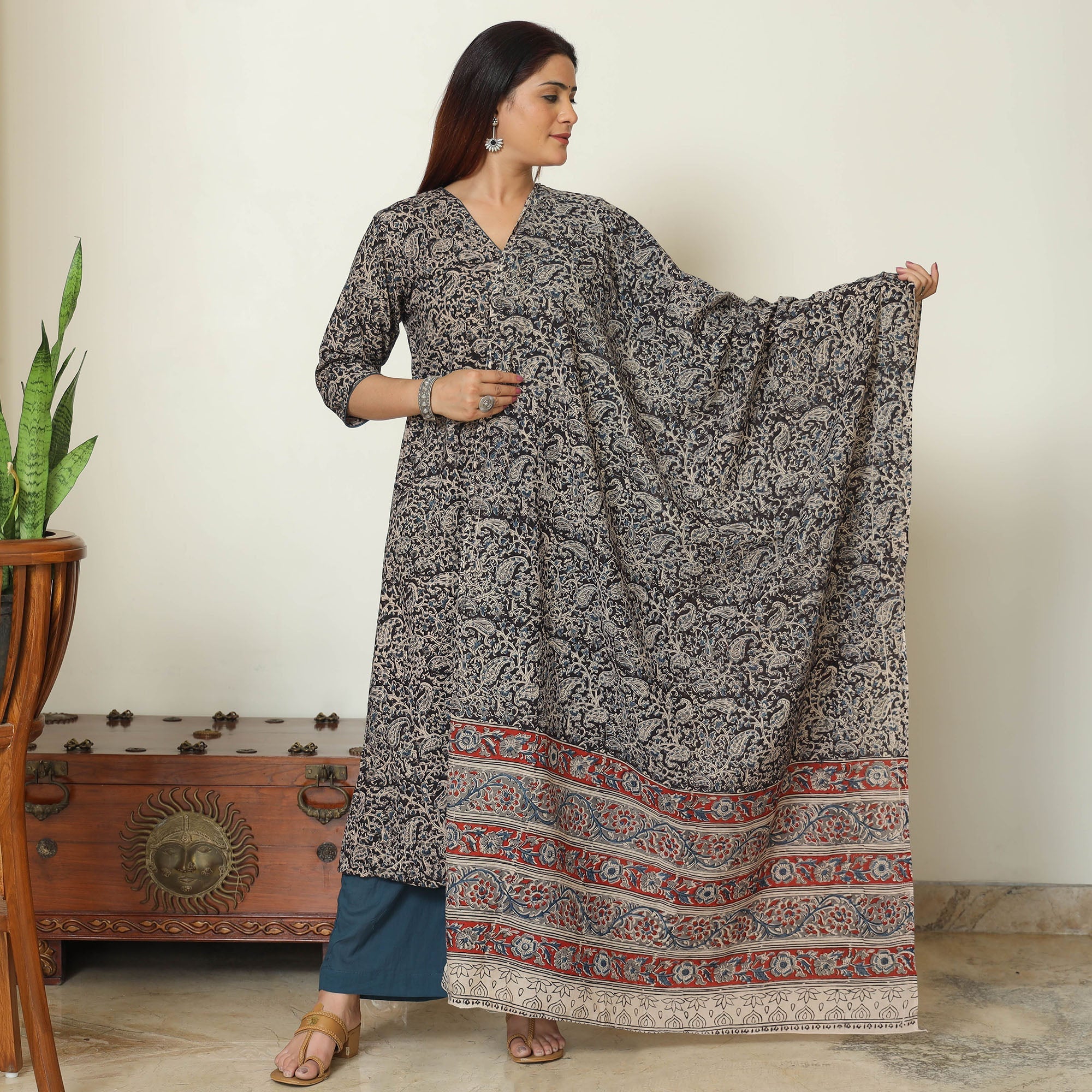 ITOKRI CASUALS Black - Pedana Kalamkari Block Printed Cotton Kurta with Palazzo & Dupatta Set 12