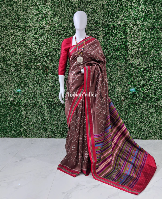 IndianVillèz Brown Ganthiapali Theme Contemporary Silk Saree with Dongria Border and Pallu