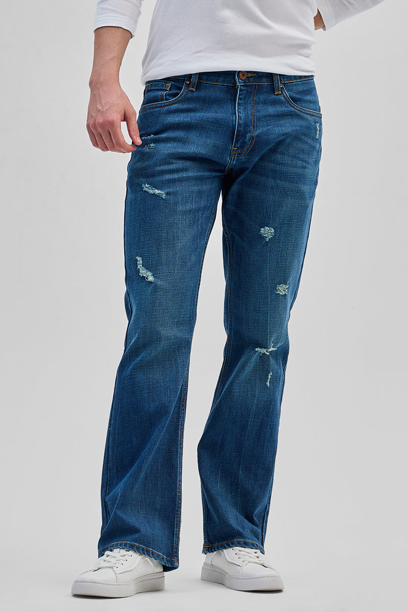 SNITCH Denim Blue Distressed Bootcut Jeans