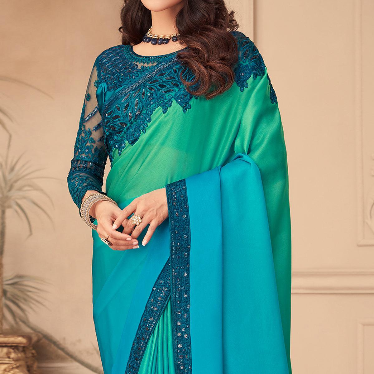 Peachmode Light Blue & Pista Green Floral Sequins Embroidered Art Silk Saree - view 3