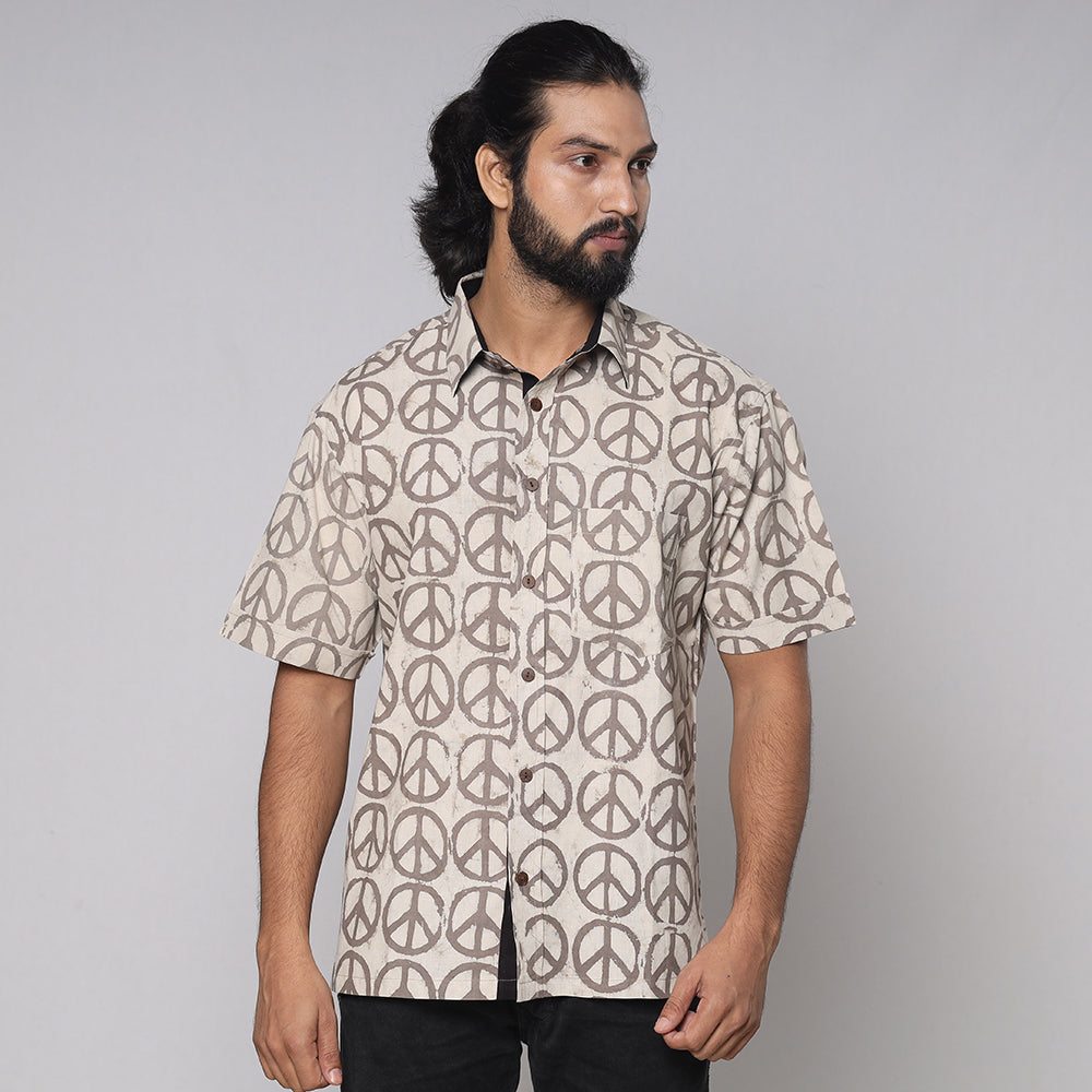 BINDAAS UNLIMITED Beige - Bindaas Block Printed Natural Dyed Cotton Men Half Sleeve Shirt