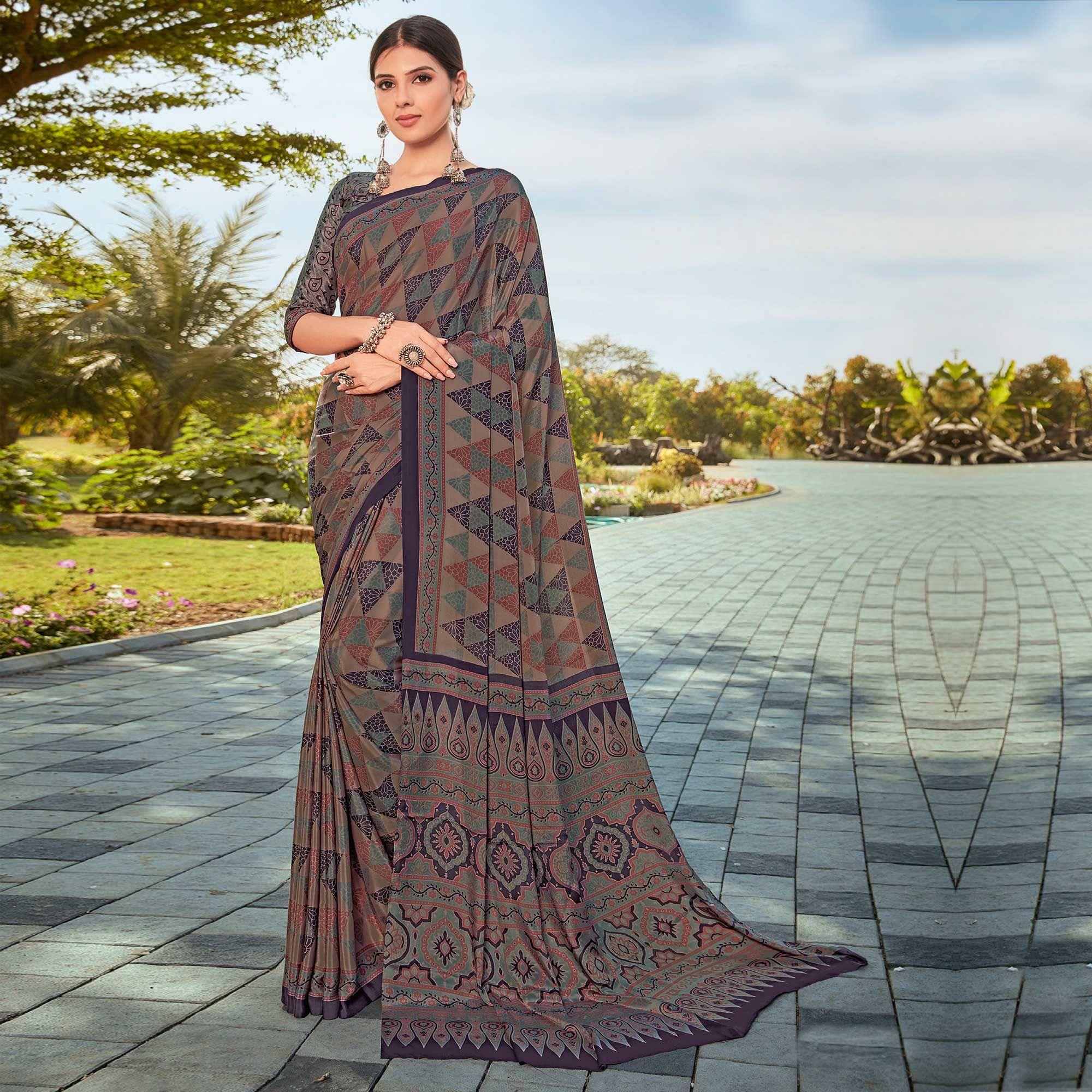 Peachmode Brown Printed Crepe Saree – Women's