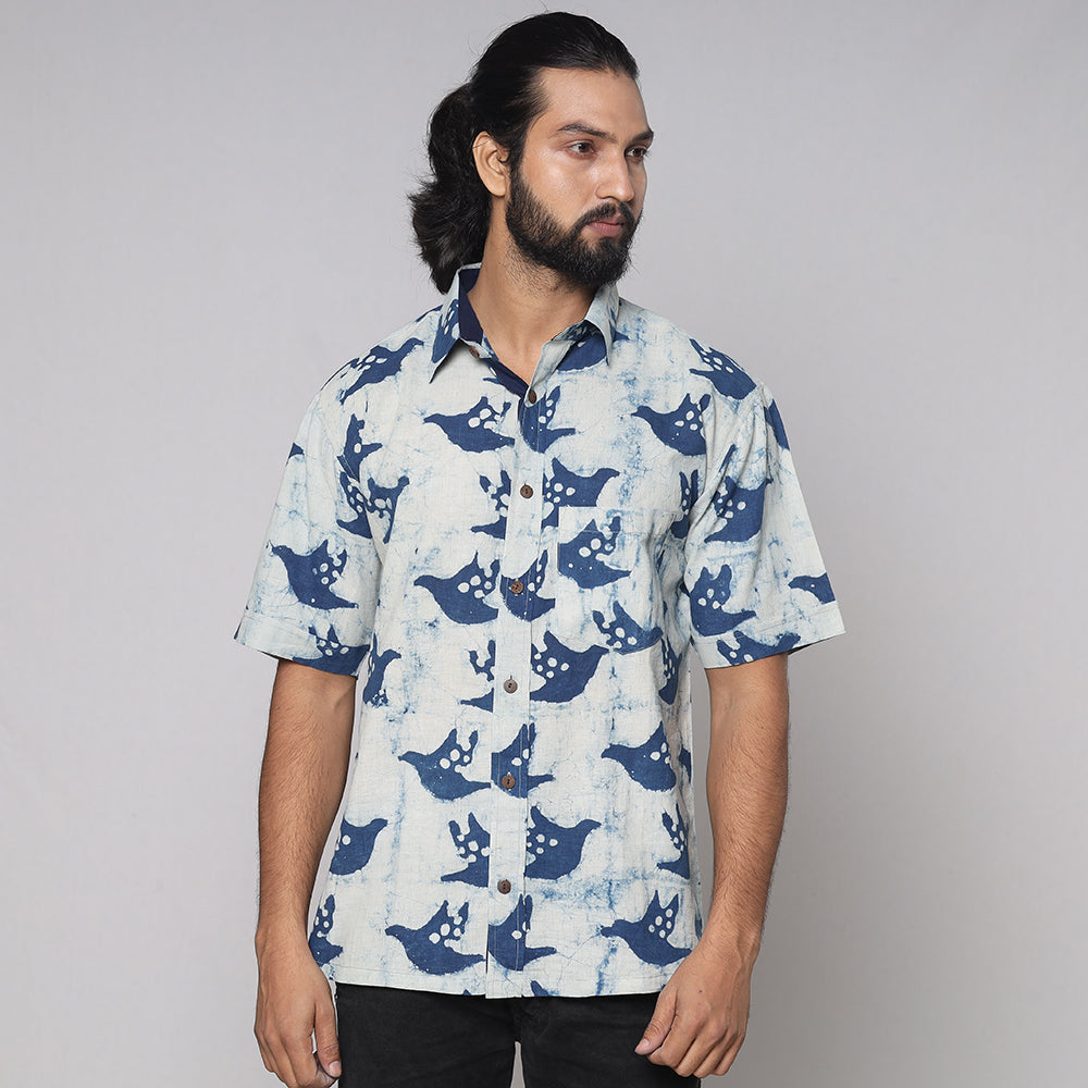 BINDAAS UNLIMITED Blue - Bindaas Block Printed Natural Dyed Cotton Men Half Sleeve Shirt