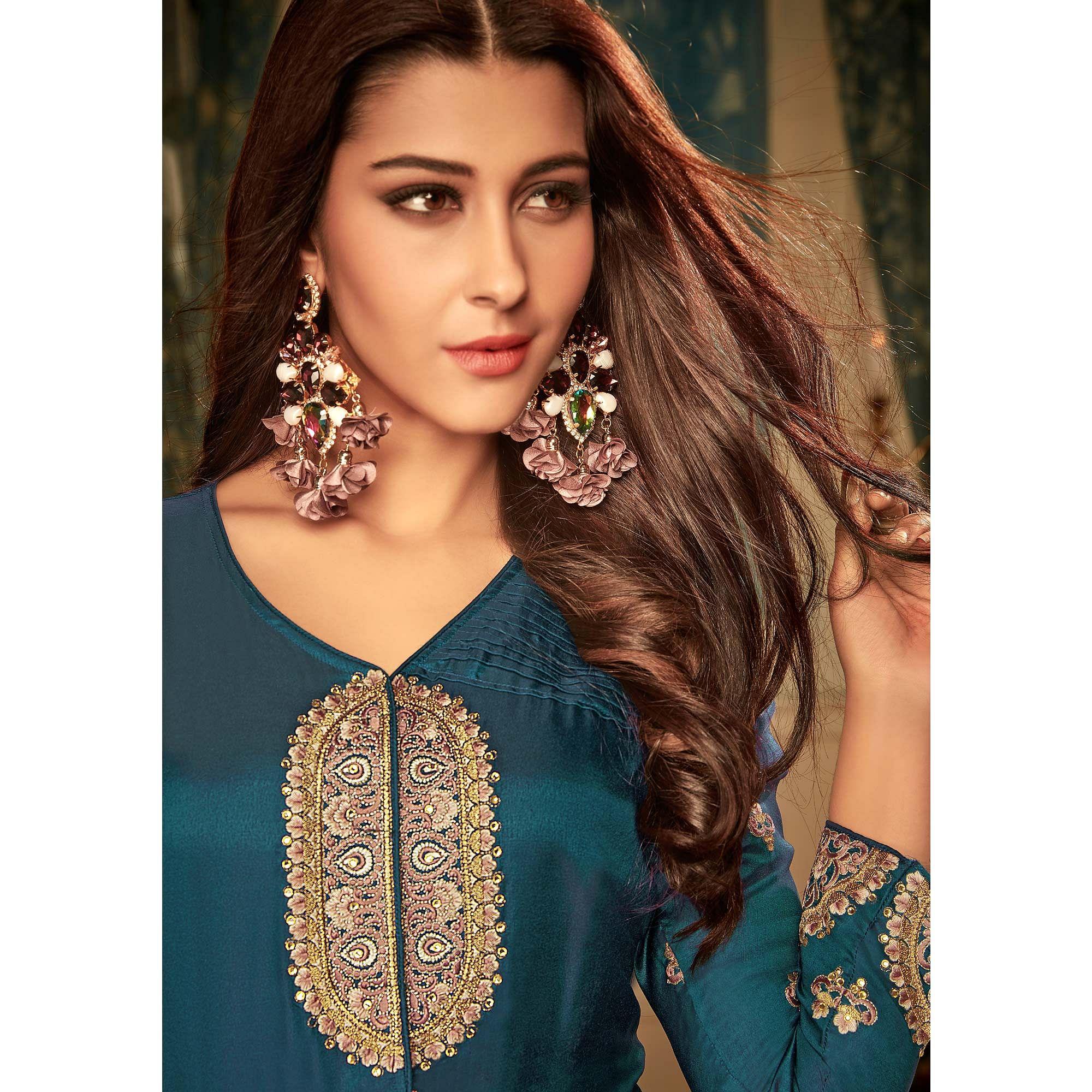 Peachmode Seller Impressive Teal Blue Colored Partywear Embroidered Heavy Muslin Gown - view 2