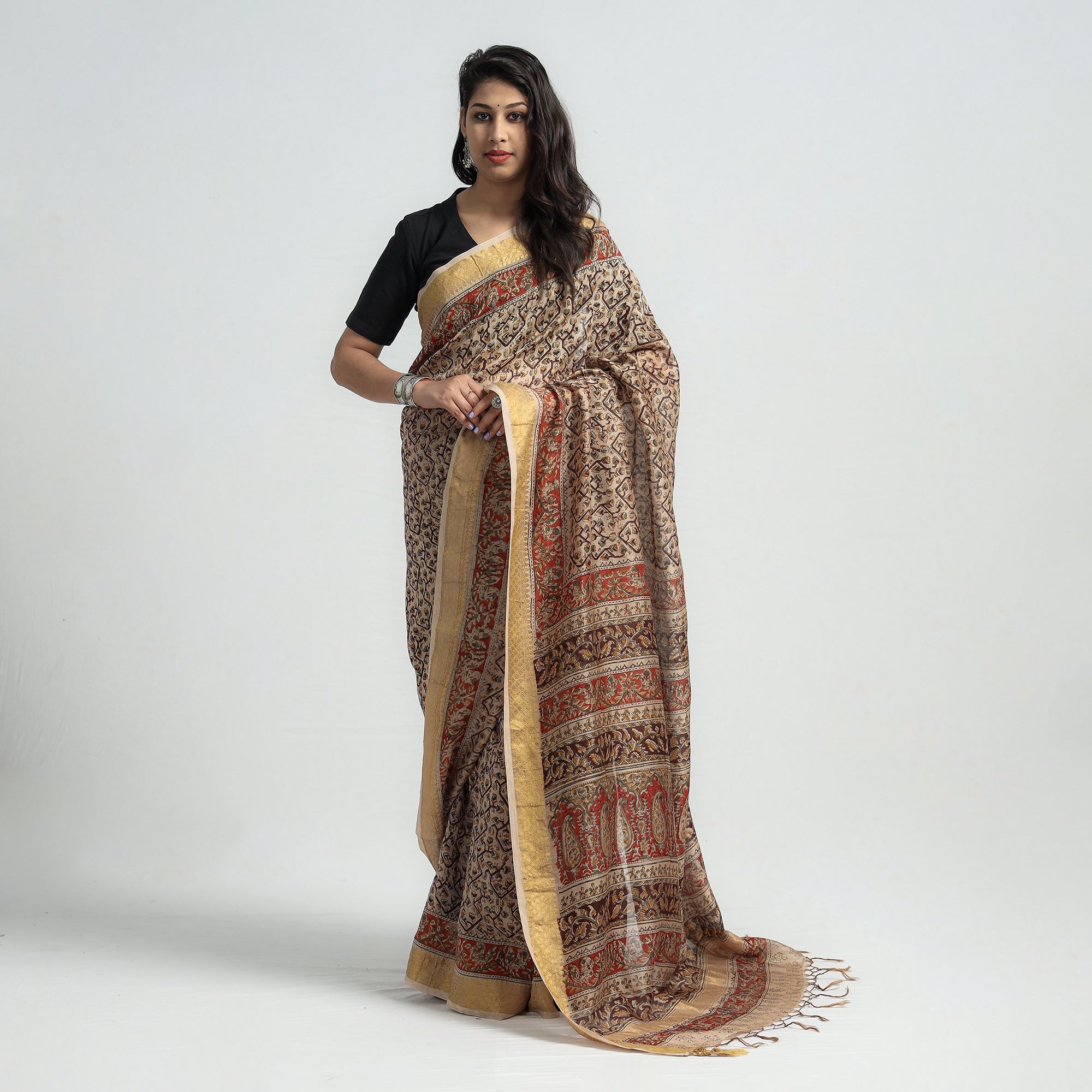 VENKATA BHANU KALAMKARI PEDANA Brown - Original Pedana Kalamkari Block Print Silk Saree