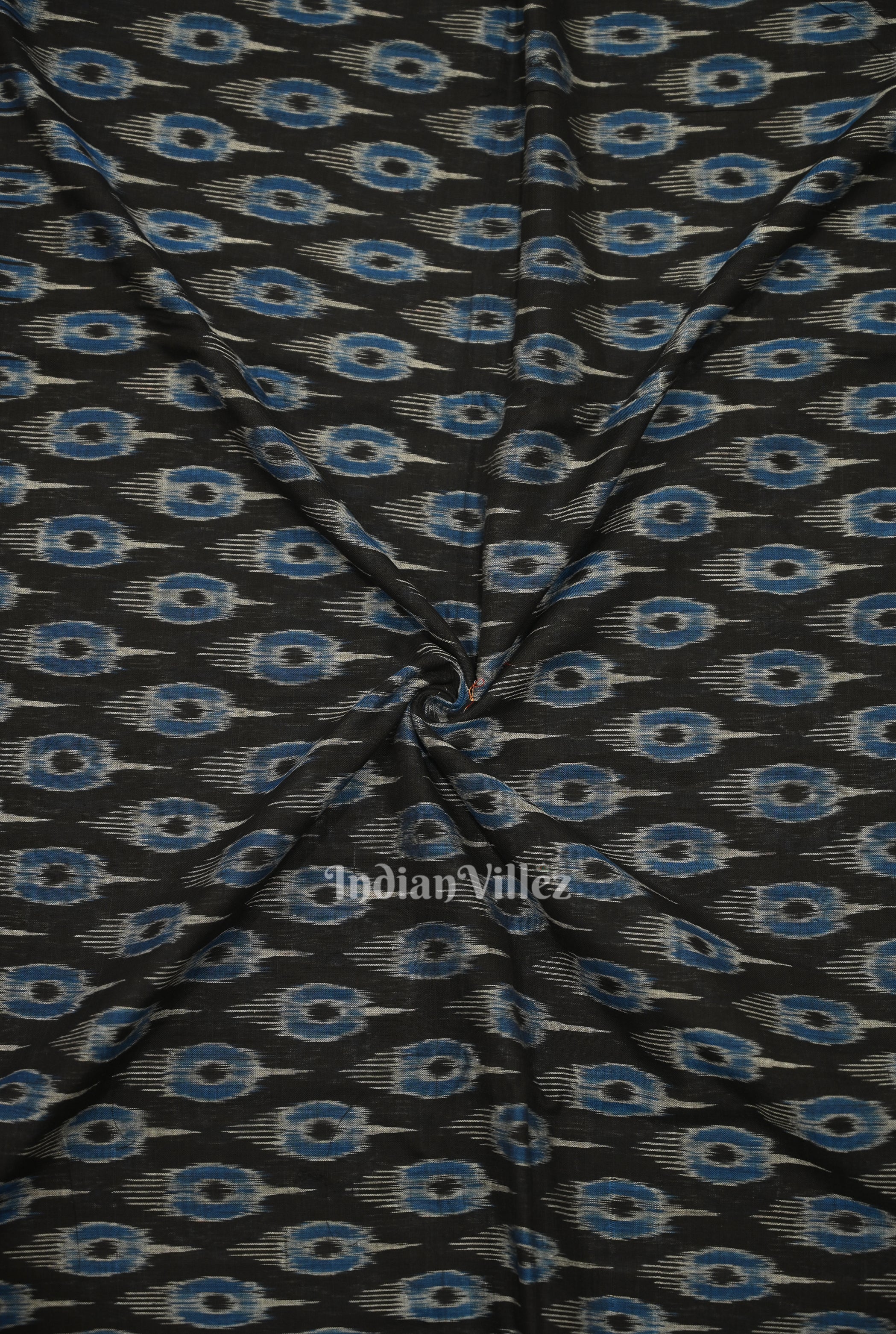 IndianVillèz Black Blue Mayur Motif Odisha Ikat Sambalpuri Cotton Fabric
