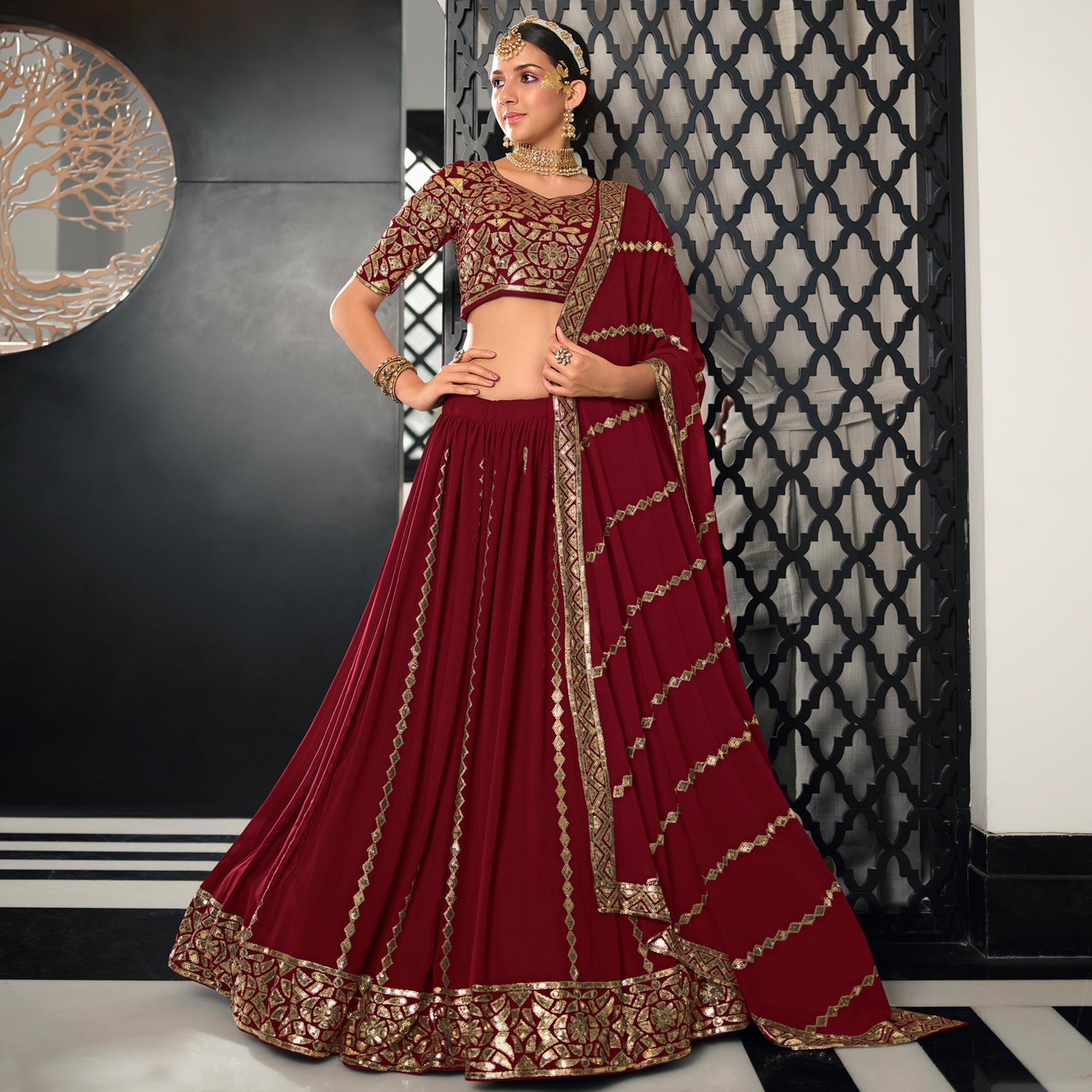Peachmode Maroon Sequins Embroidered Georgette Lehenga Choli - view 2