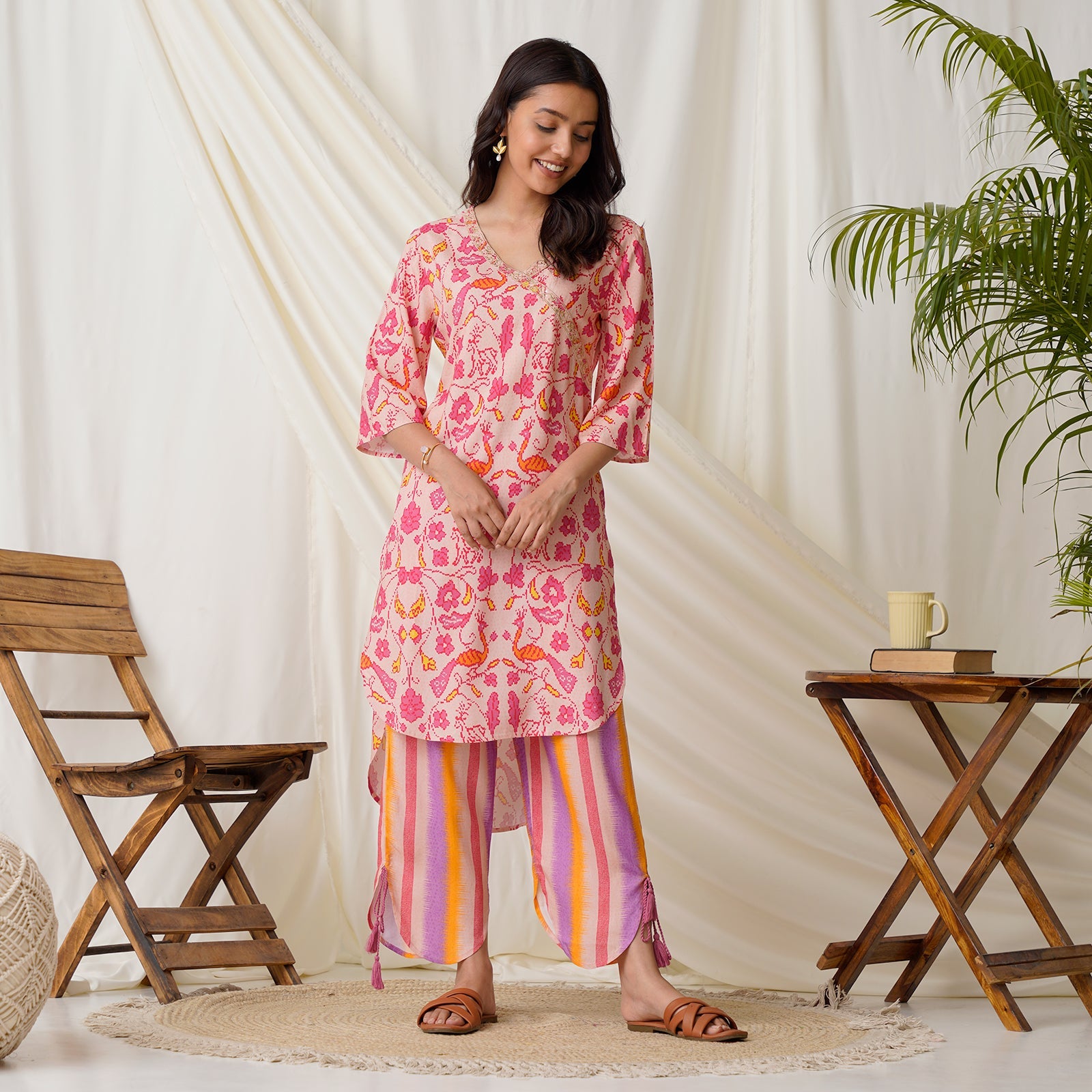 BlackTree Baby Pink Ikat Inspired High low Co-ord Set - view 2