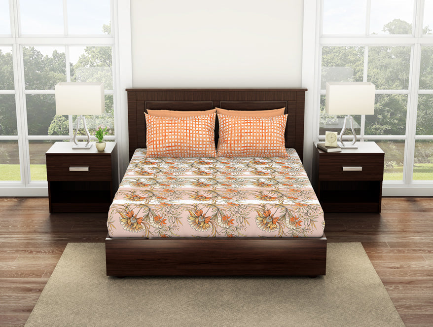 100 cotton queen – Spaces India Floral Copper Tan - Dark Orange 100% Cotton Queen Fitted Sheet - Bonica By Spaces
