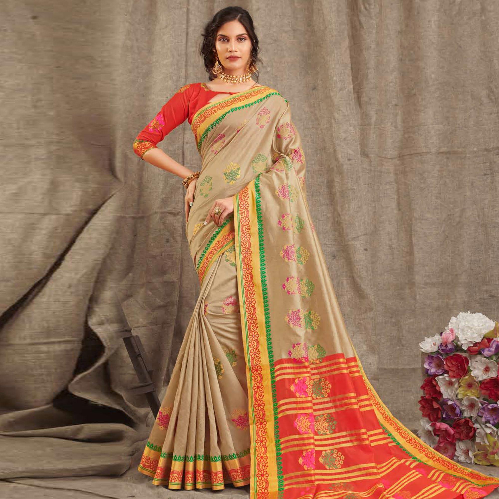 Peachmode Innovative Beige Colored Festive Wear Woven Cotton Handloom Saree