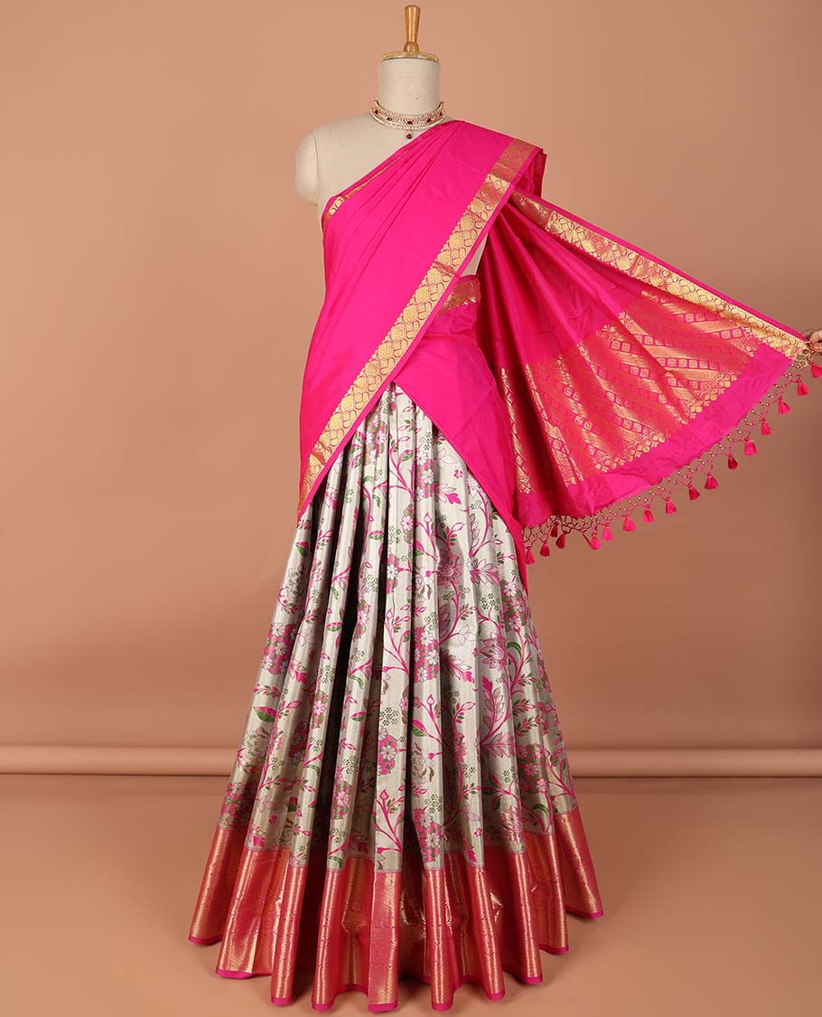 Pothys Sandal floral design art-silk half saree, contrast traditional zari border, zari design blouse & striped, floral design dhavani