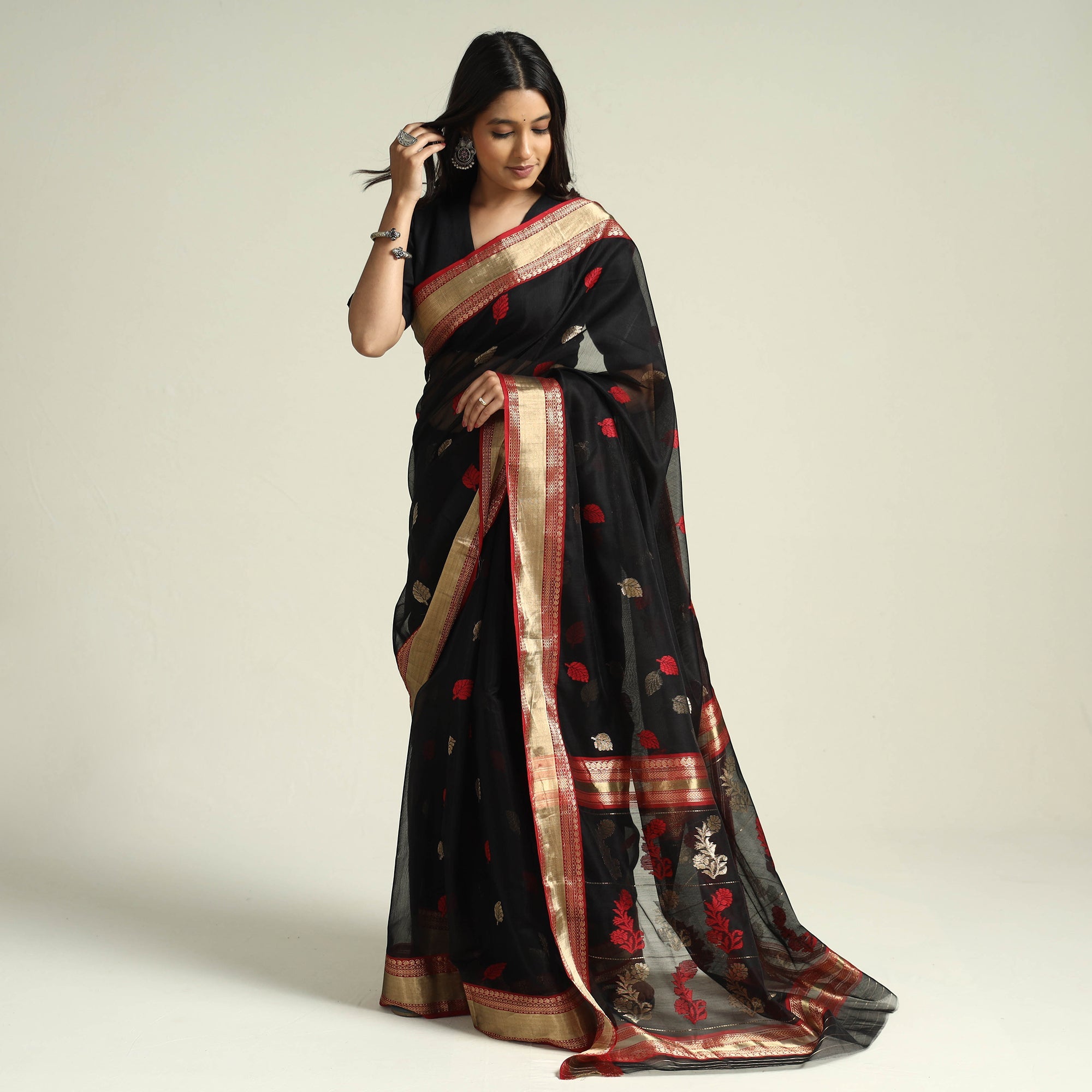 CHANDERI BY RAUPH KHAN Black - Traditional Chanderi Silk Zari Buti Handloom Saree