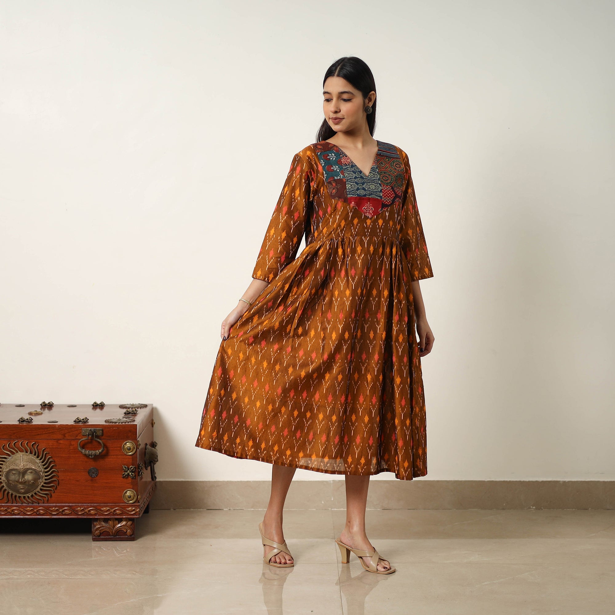 ITOKRI CASUALS Brown - Mercerized Cotton Flared Pochampally Ikat Dress 04 - view 3