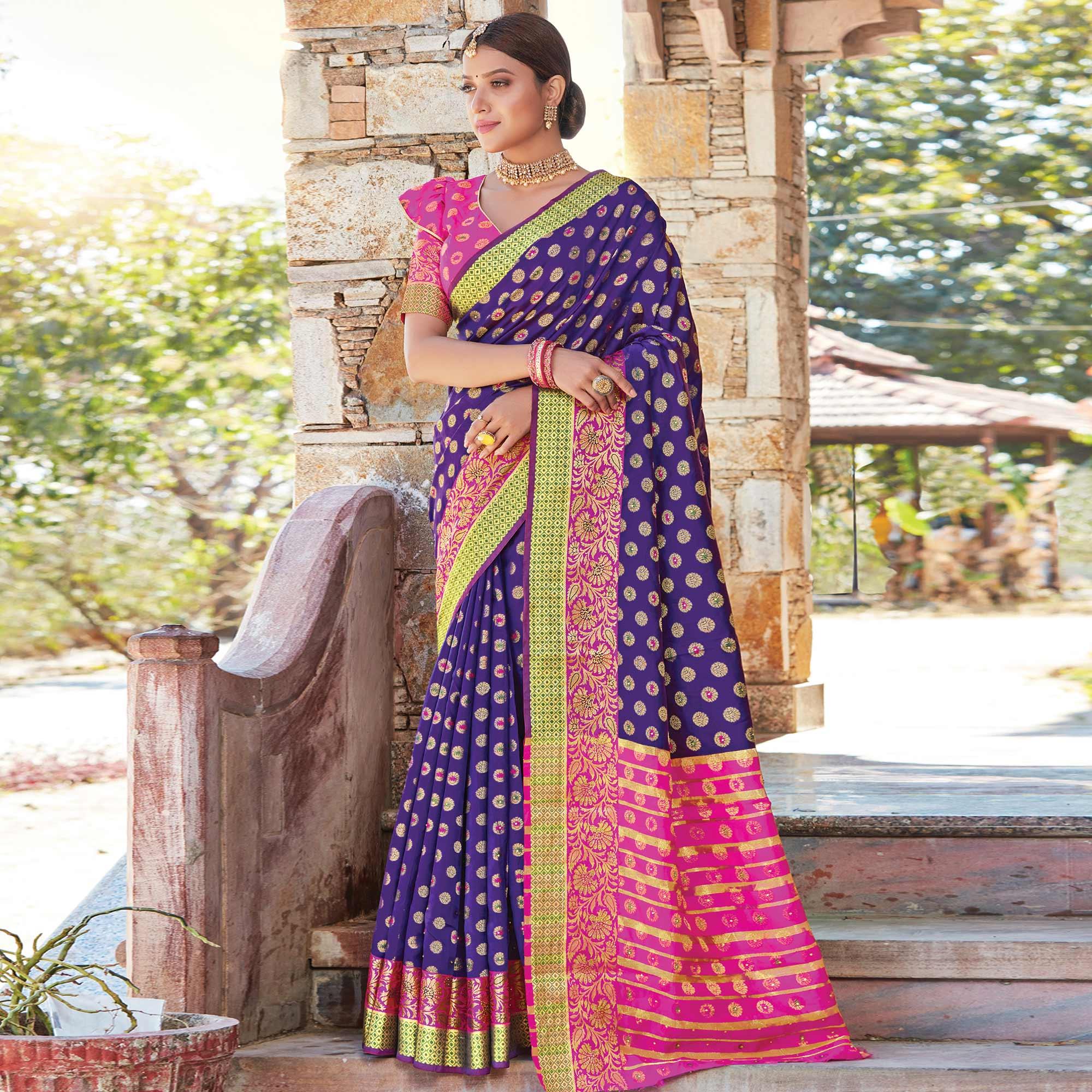 Peachmode Breathtaking Purple Colored Festive Wear Woven Handloom Silk Sareee
