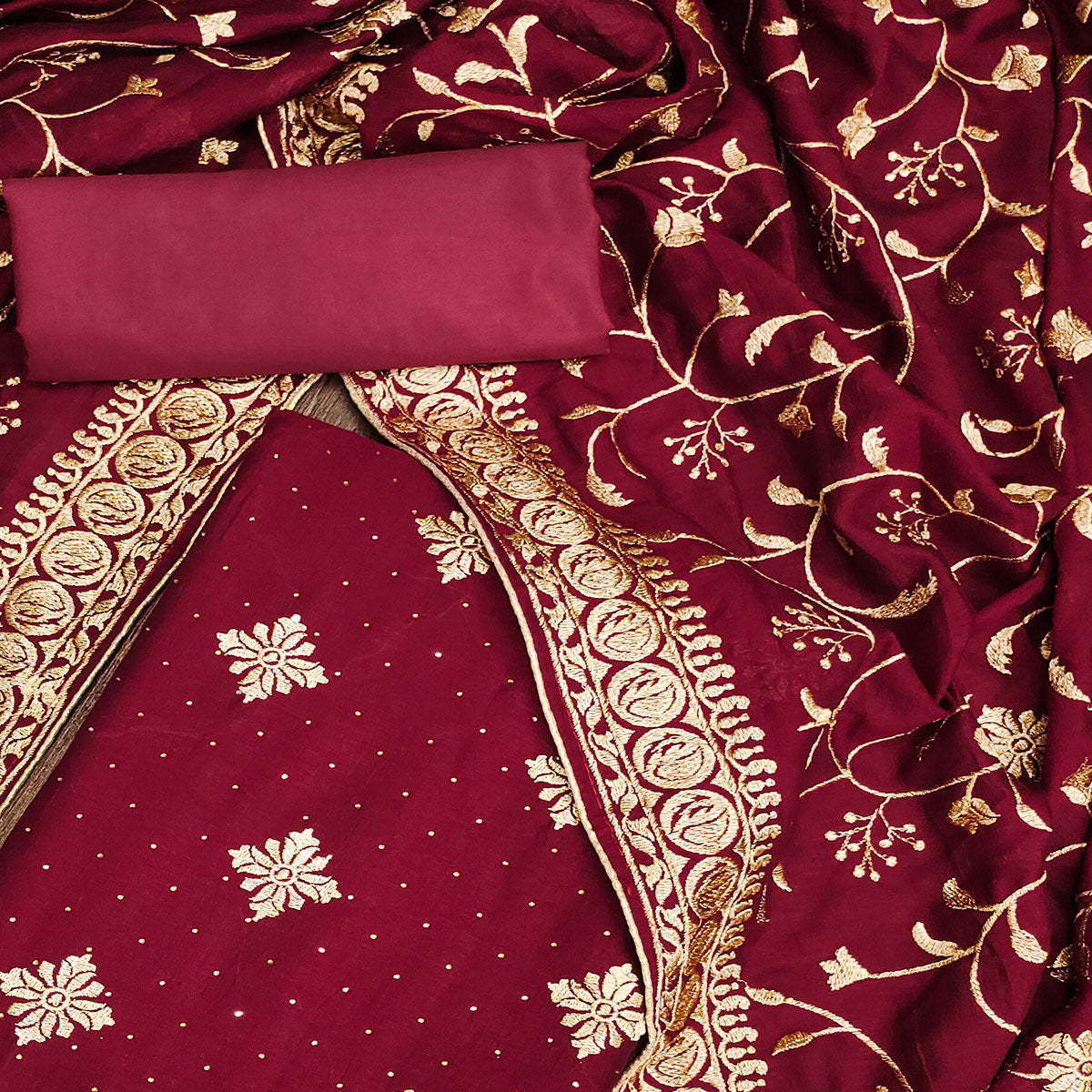Peachmode Maroon Floral Embroidered Chinon Dress Material - view 2