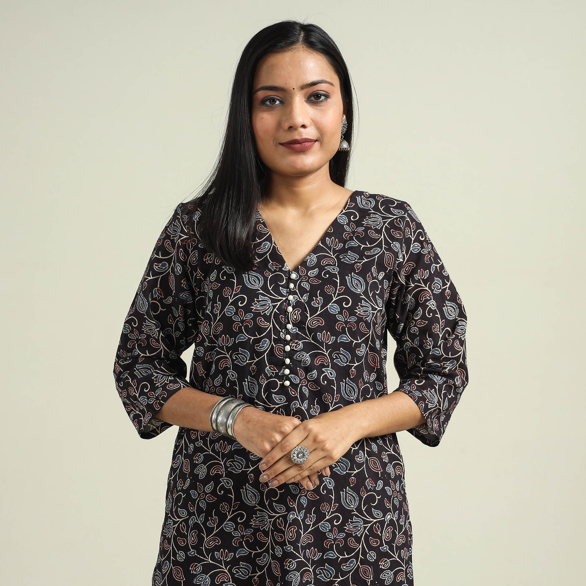 ITOKRI CASUALS Black with Jaal - Ajrakh Hand Block Printed Cotton Straight Kurta