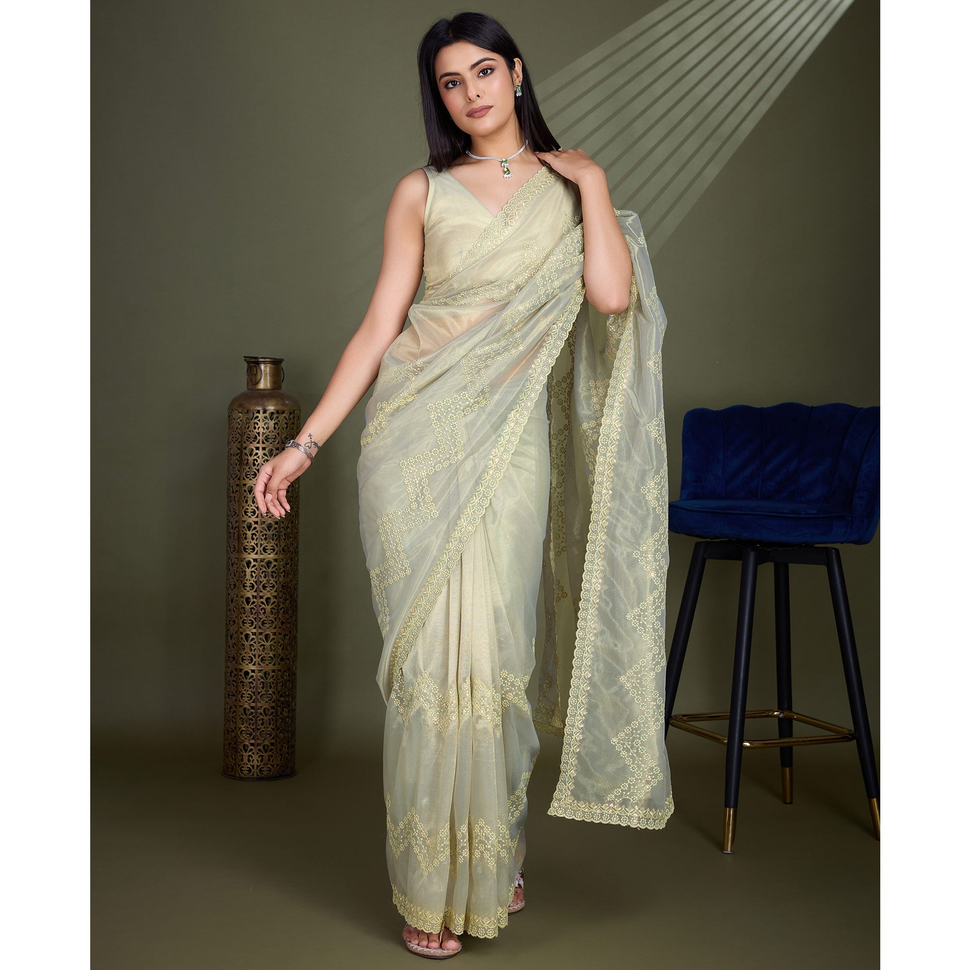 Peachmode Light Olive Green Sequins Embroidered Shimmer Net Saree - view 5